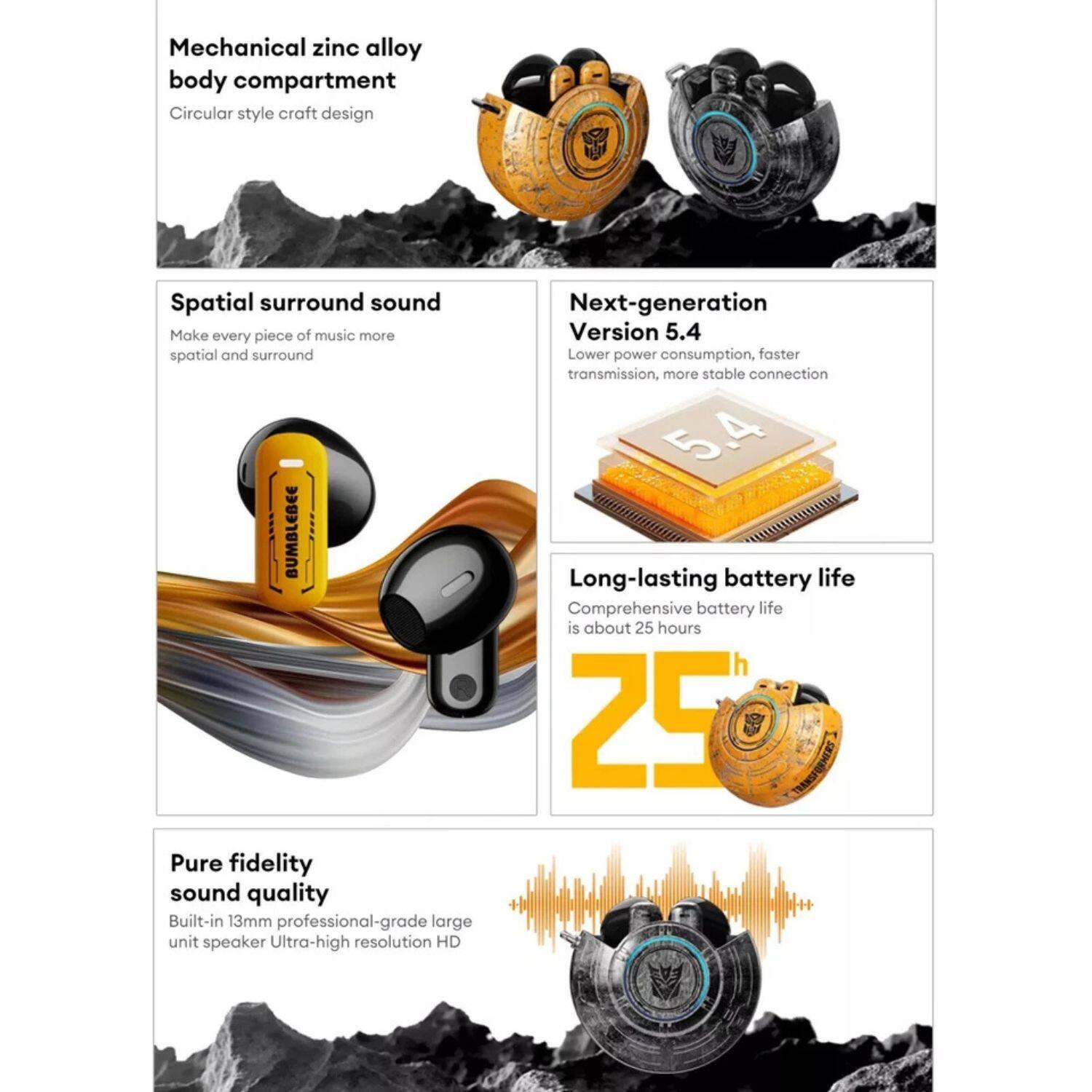 - Mechanical zinc alloy body compartment
  - Circular style craft design

- Spatial surround sound
  - Make every piece of music more spatial and surround

- Next-generation Version 5.4
  - Lower power consumption, faster transmission, more stable connection

- Long-lasting battery life
  - Comprehensive battery life is about 25 hours

- Pure fidelity sound quality
  - Built-in 13mm professional-grade large unit speaker Ultra-high resolution HD