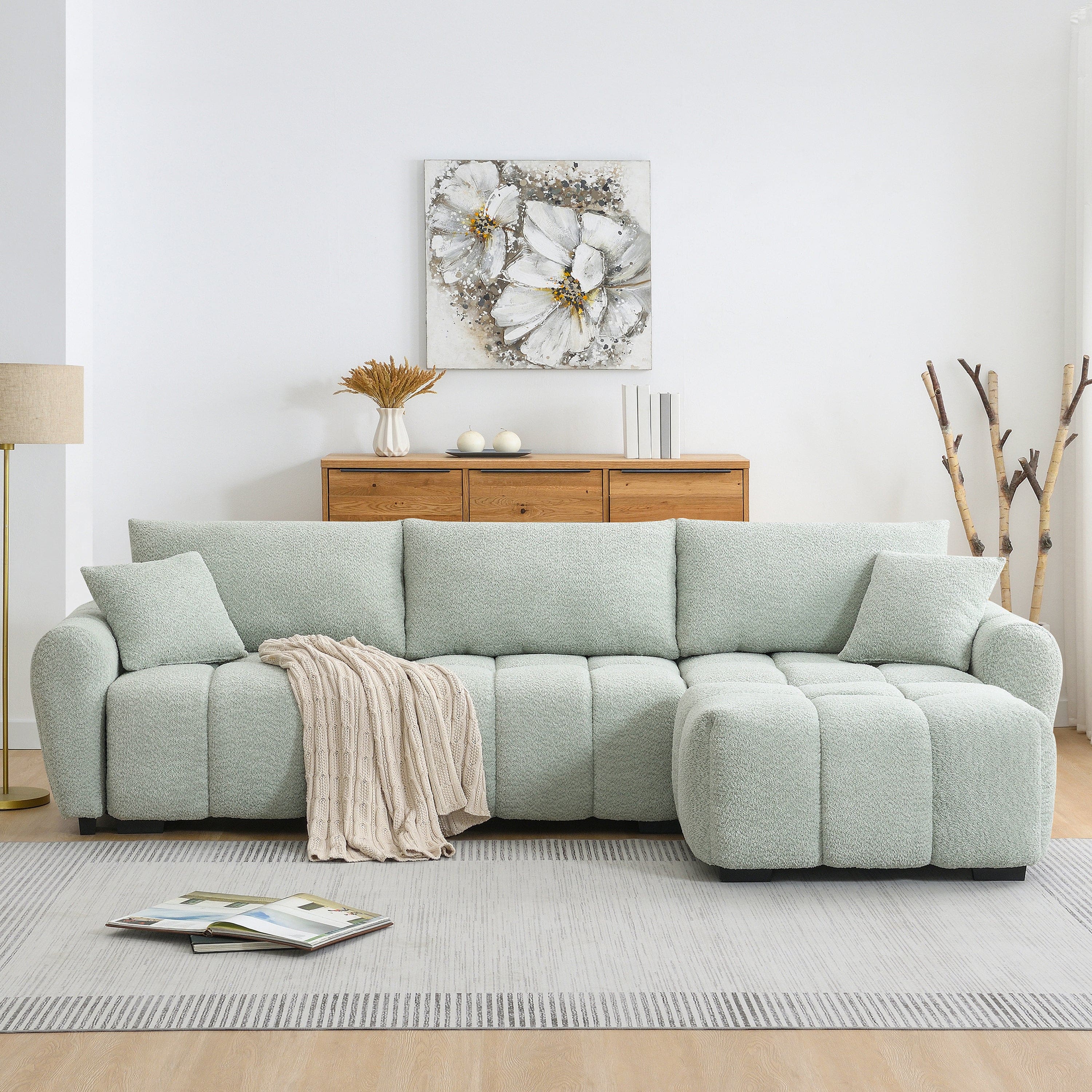 Boyel Living - Modular Sectional Sofa L Shape Pull-line Design Boucle Light Green 4 Seat - Light Green