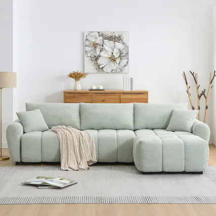 Front. Boyel Living - Modular Sectional Sofa L Shape Pull-line Design Boucle Light Green 4 Seat - Light Green.