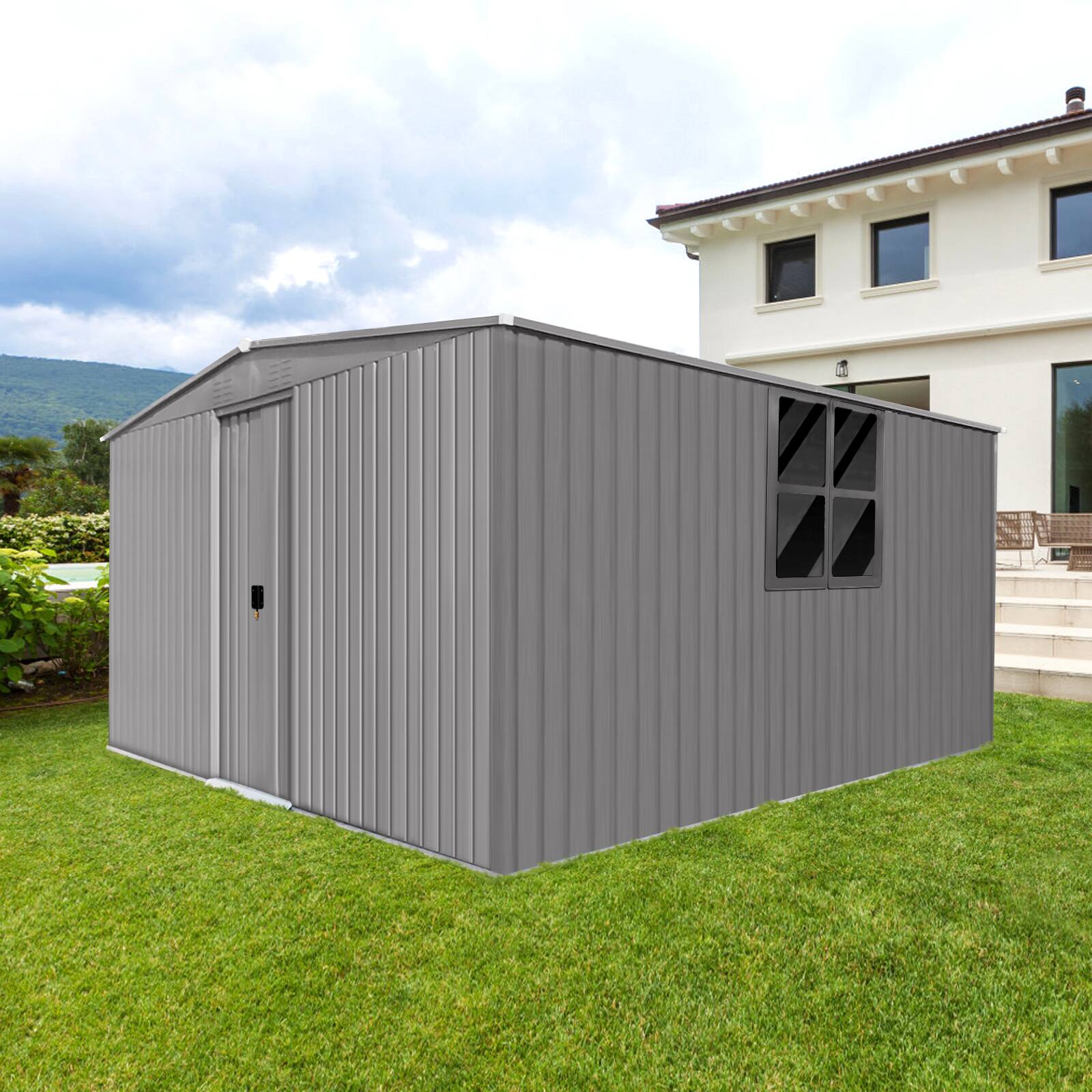 Left. Mondawe - 14x12 Ft Outdoor Storage Shed with Tool Space and Firewood Storage - Grey.