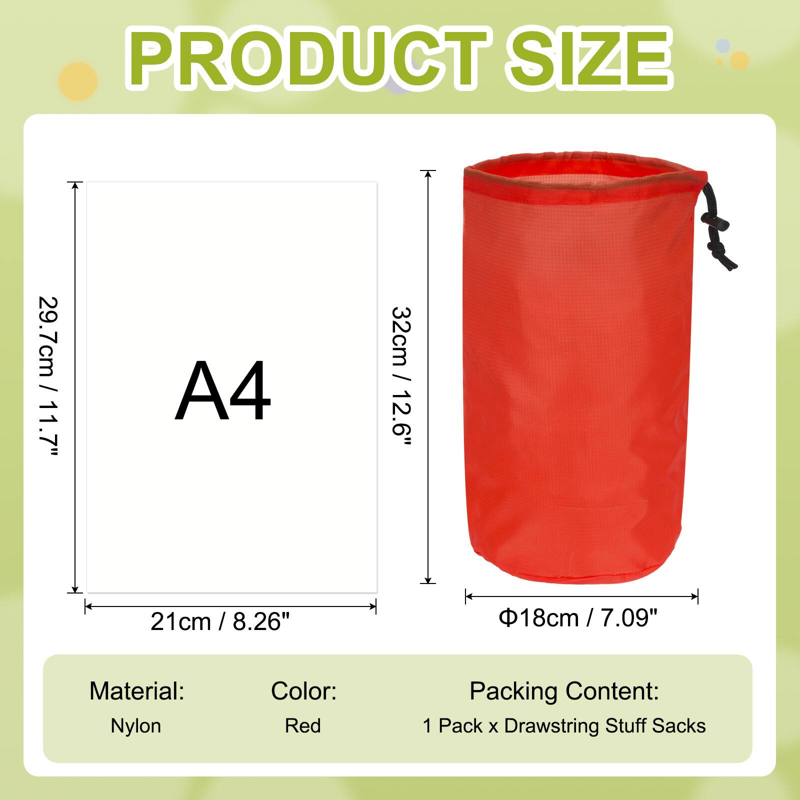 PRODUCT SIZE

A4  
29.7cm / 11.7"  
32cm / 12.6"  
21cm / 8.26"  
Φ18cm / 7.09"

Material: Nylon  
Color: Red  
Packing Content: 1 Pack x Drawstring Stuff Sacks