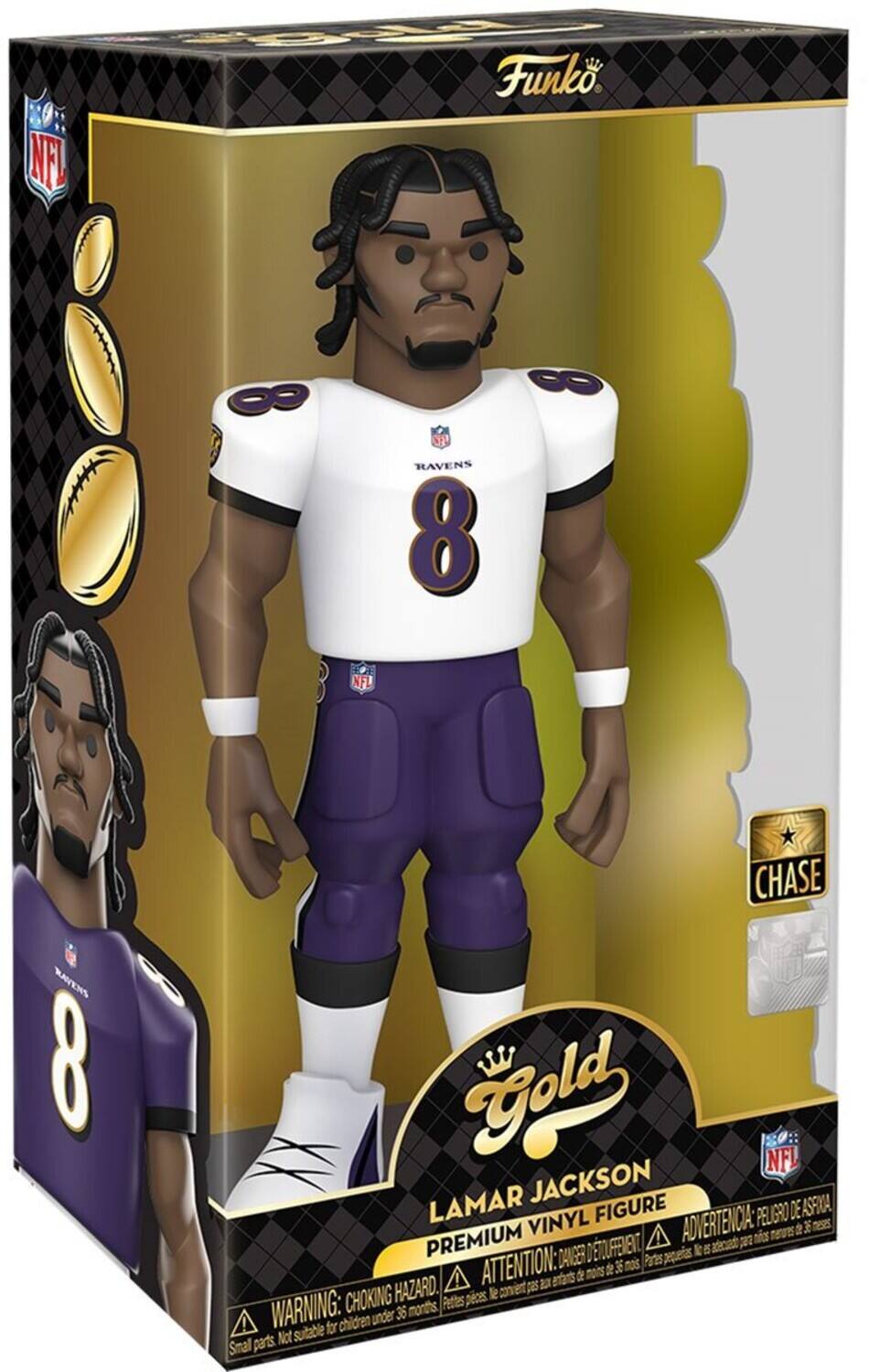NFL, Funko, RAVENS 8, NFL, RAVENS 8, CHASE Gold, JACKSON, NFL, LAMAR, VINYL FIGURE, ADVERTENCIA: PELIGRO DE ASFINA, mess nerUes 2 F, PREMIUM, ! atroath, DANGER D EOUFFEMENT, Partes pequets, E ATTENTION: d 36 mos, entars de, HAZARD, covient pes 2, CHOKING, pces le, WARNING: CHOKING HAZARD, Petles, under 36, !, Not, Smal, parts, suitable for chidren, parts