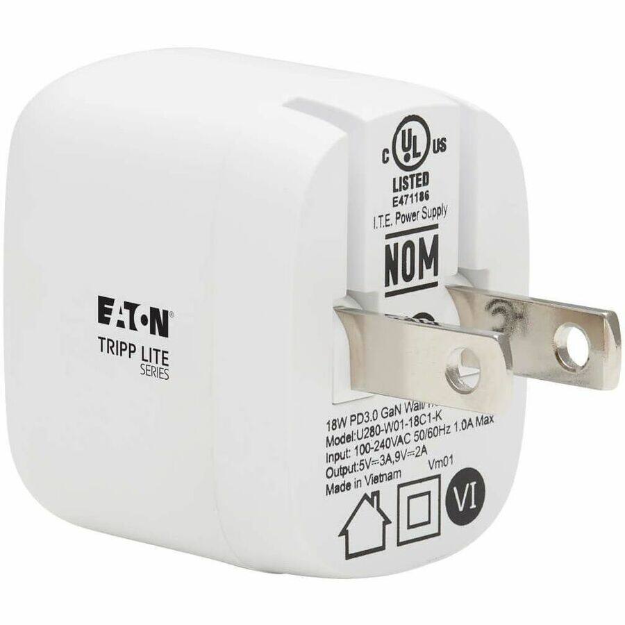 EATON TRIPP LITE SERIES

C US LISTED E471186 I.T.E. Power Supply NOM GaN Wall Model: U280-W01-18C1-K 18W PD3.0 1.0A Max 100-240VAC 50/60Hz Output: 5V=3A, 9V=2A Input: Vm01 Made in Vietnam VI