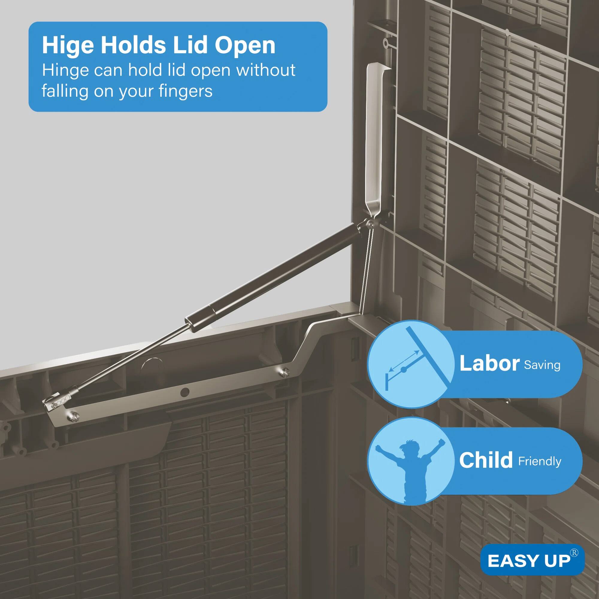 Hinge Holds Lid Open  
Hinge can hold lid open without falling on your fingers  

Labor Saving  
Child Friendly  

EASY UP®