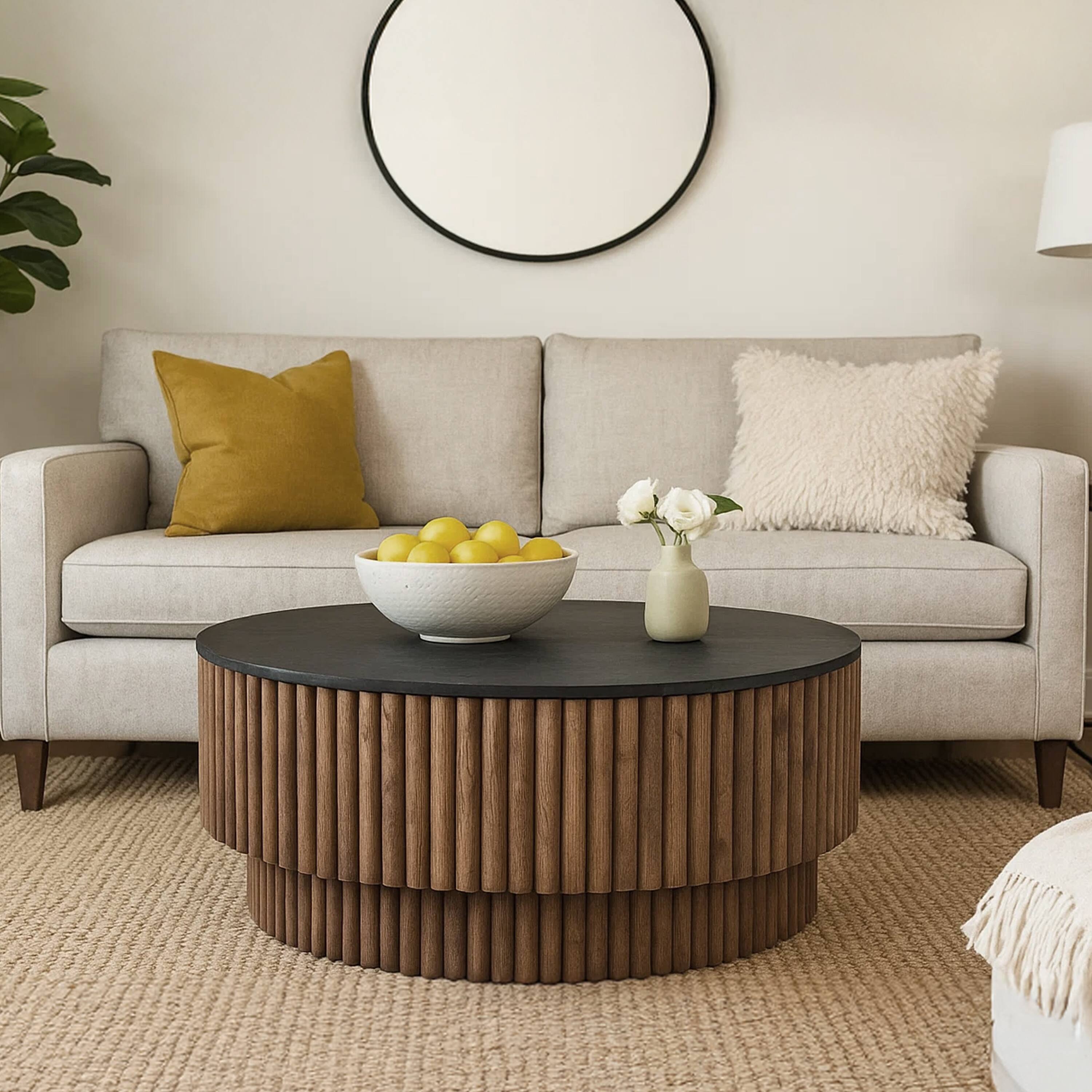 Alt View 7. Manhattan Lane - Montoya Coffee Table | 34" Round Black Top | Mango Wood Fluted Plinth Base - Black, Brown.