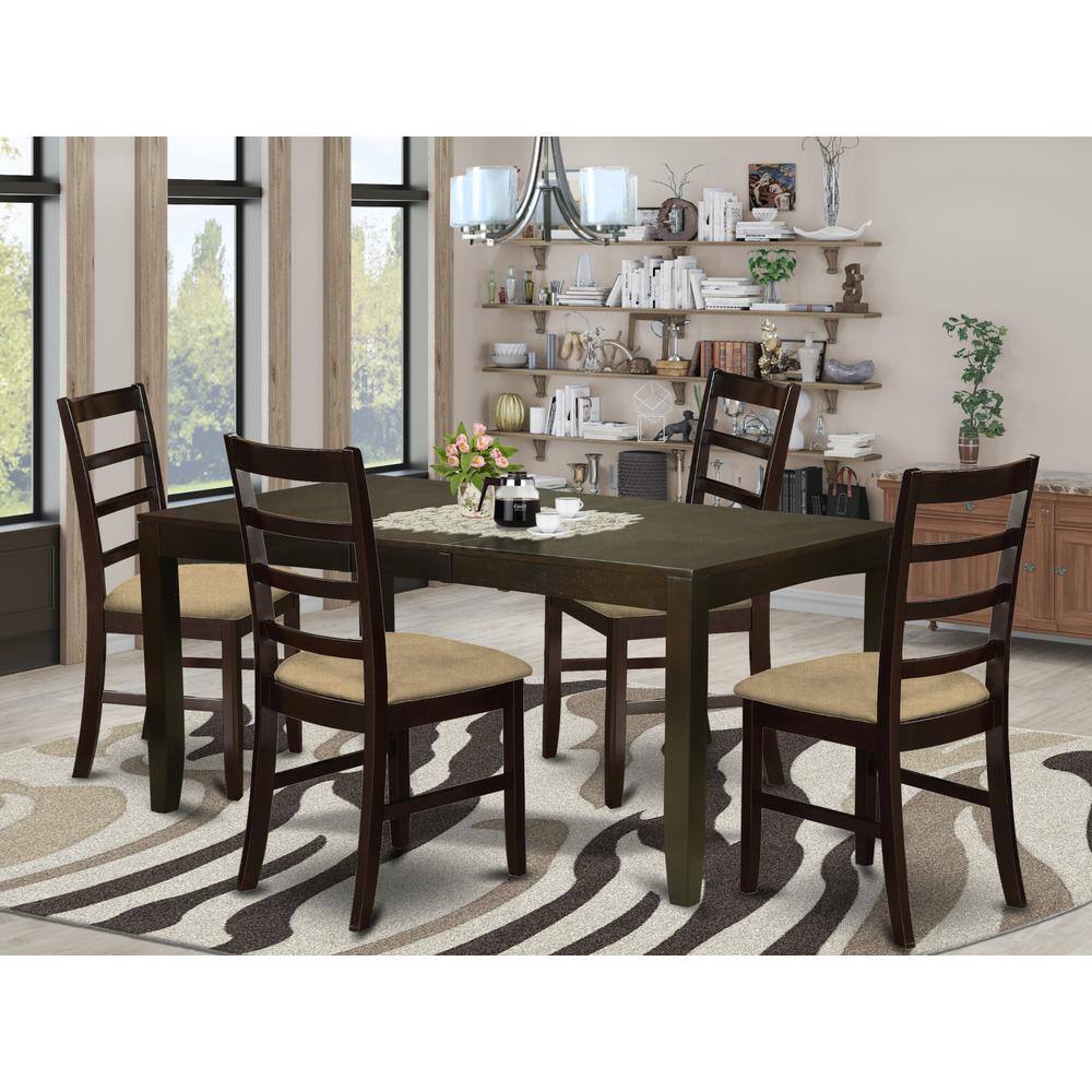 Angle. East West Furniture - LYPF5-CAP-C 5 Pc Dining room set for 4-Table with Leaf and 4 Chairs for Dining room - Cappuccino.