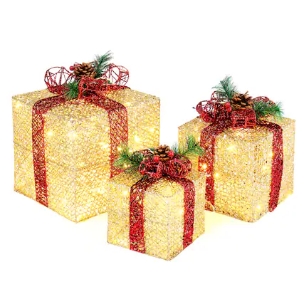 Front. Winado - 3 PCS Lighted Gift Boxes Christmas Decorations with LED Warm White Lights for Holiday - Golden.