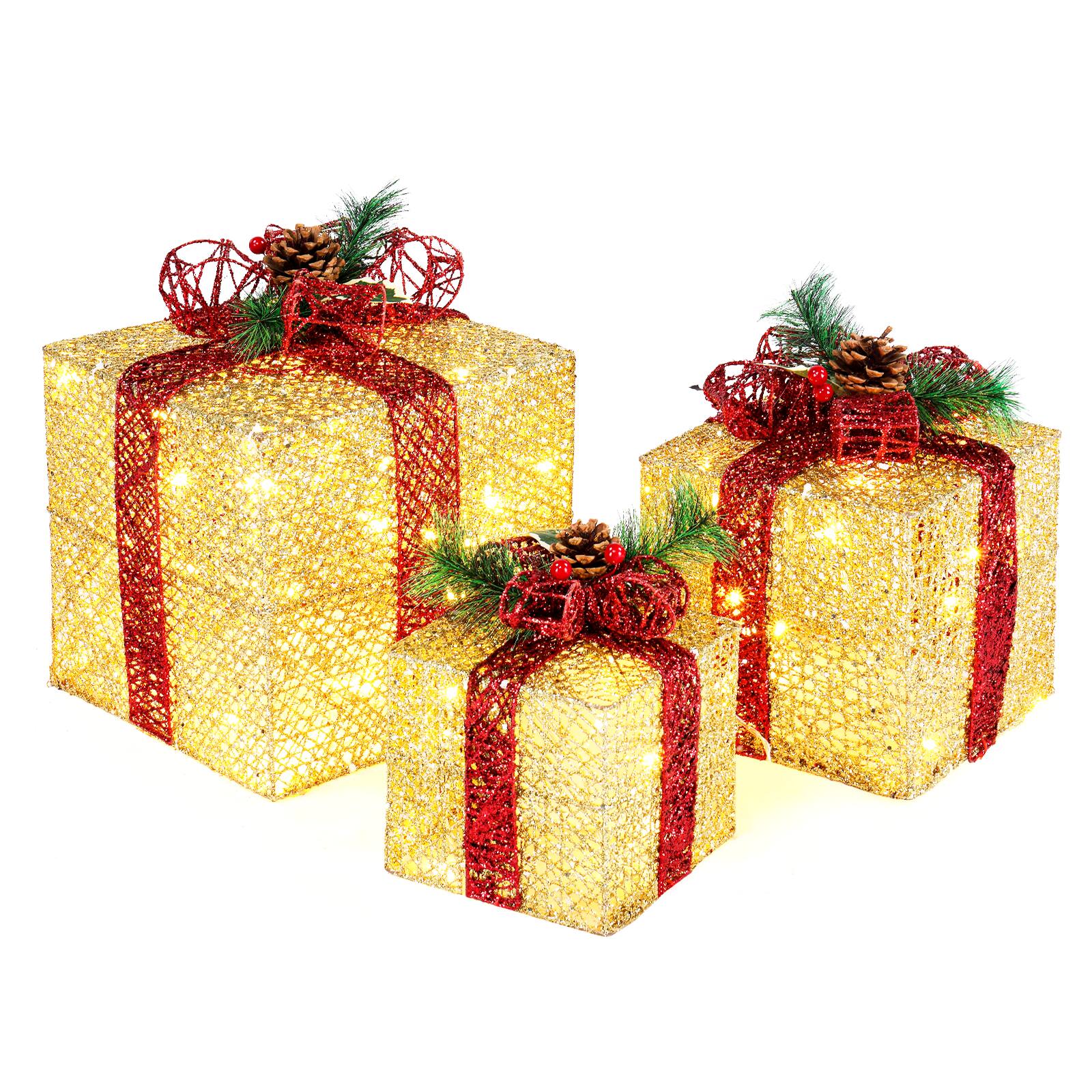 Winado - 3 PCS Lighted Gift Boxes Christmas Decorations with LED Warm White Lights for Holiday - Golden