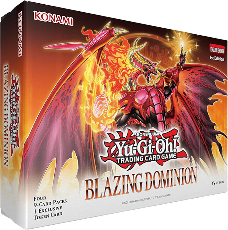 KONAMI
SHONEN JUMP
YuGiOh!
TRADING CARD GAME
BLAZING DOMINION
1st Edition
Four 9-Card Packs
1 Exclusive Token Card
6+ Years
©2020 Studio Dice, Shueisha, TV Tokyo, Konami