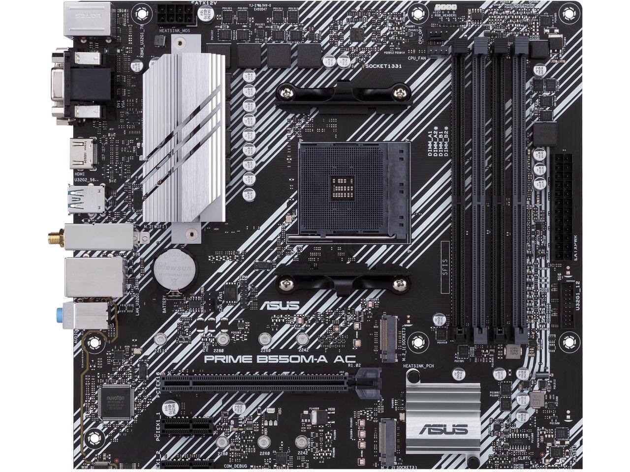 SELOT . ATX12V 1 E PRURS ERTIET ... E rozen HEATSINK HOS CPU_FAN SOCKET1331 DIMM_AI HOMS U3202 54.. i ewsun ASUS SFIS I PWK LA N U32G nuvoton om PCIEXI PCIEX1_1 EX1 I 2280 PRIME B550M-A AC R1.02 CO8 2268 2242 COM DEBUG HEATSINK_PCH ASUS PS0C3EI31 CUT