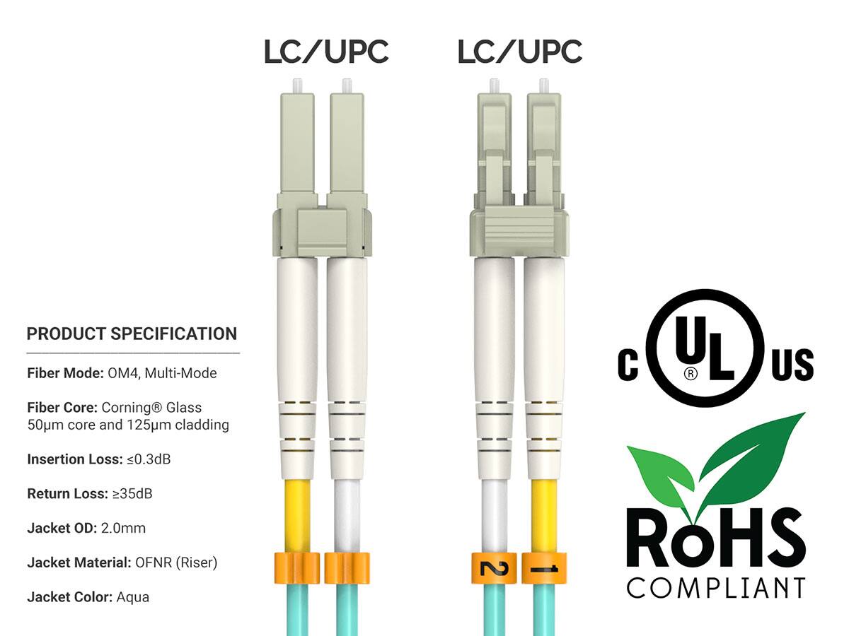 LC/UPC LC/UPC

PRODUCT SPECIFICATION
Fiber Mode: OM4, Multi-Mode
Fiber Core: Corning® Glass 50µm core and 125µm cladding
Insertion Loss: ≤0.3dB
Return Loss: ≥35dB
Jacket OD: 2.0mm
Jacket Material: OFNR (Riser)
Jacket Color: Aqua

UL
US

RoHS COMPLIANT