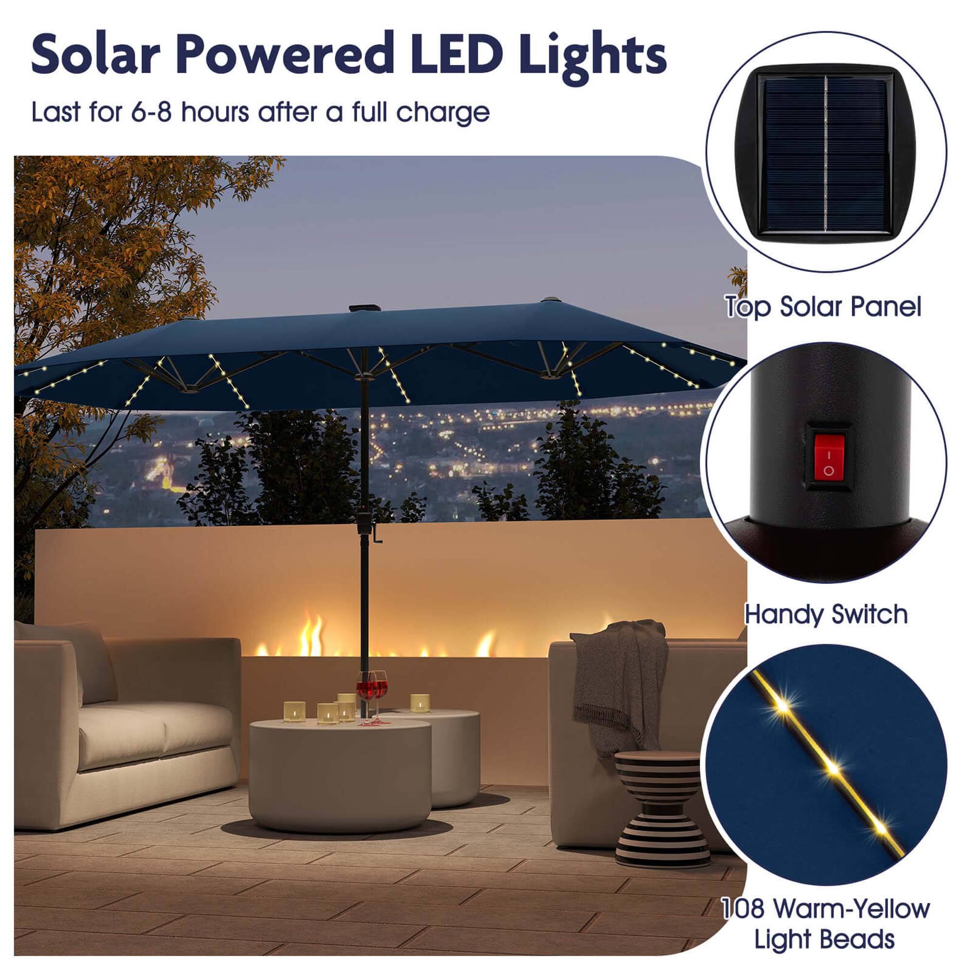 Solar Powered LED Lights: Last for 6-8 hours after a full charge. Top Solar Panel. Handy Switch. 108 Warm-Yellow Light Beads.
