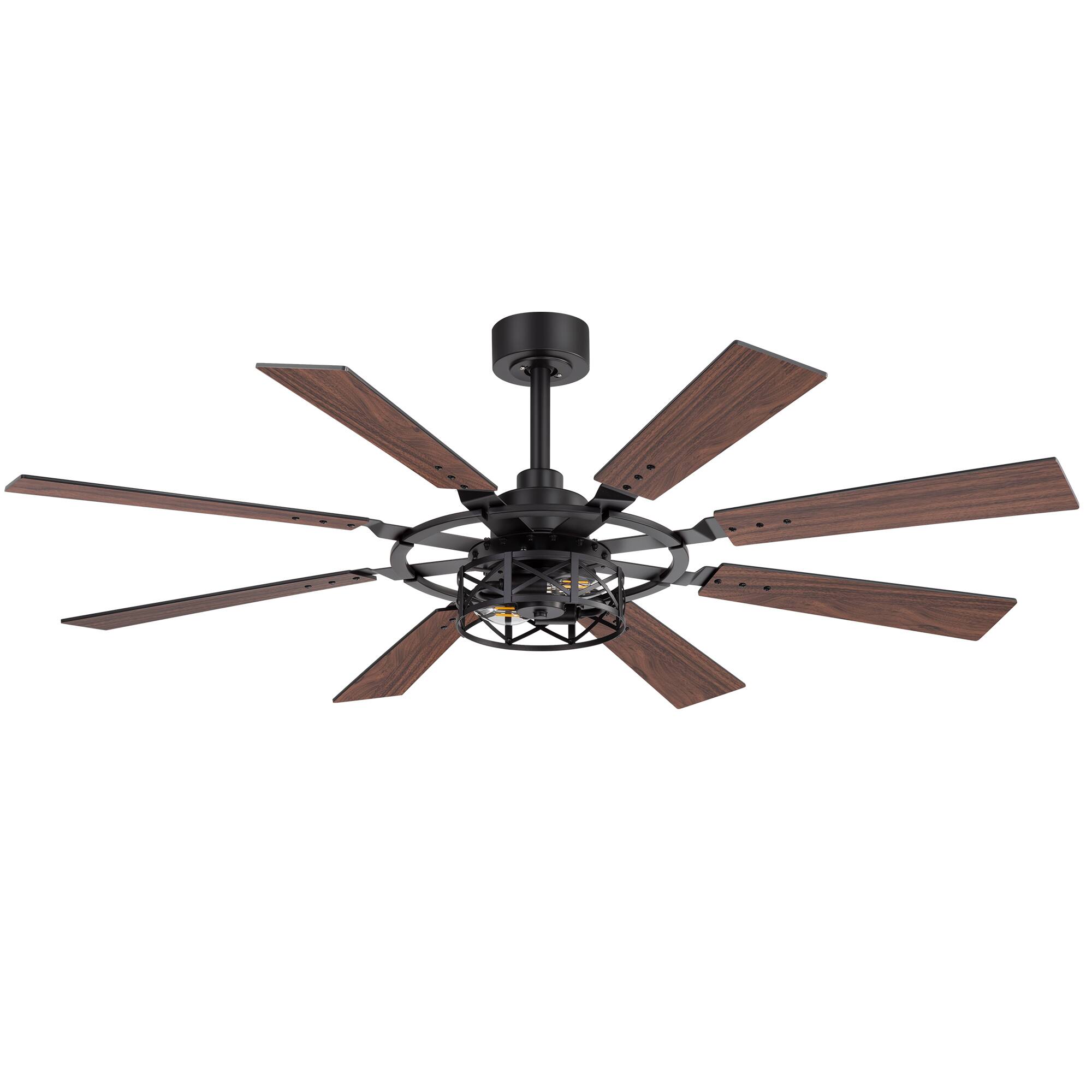 Angle. Breezary - 52'' Indoor Ceiling Fan with Light and Remote , 8 Reversible Blades, Timer, 6-Speed DC Motor, 4″& 8″ Downrod - Matte Black.