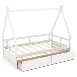 Costway - Twin Size House Bed with Roof Safety Guardrail 2 Storage Drawers Wood Slat Support - White