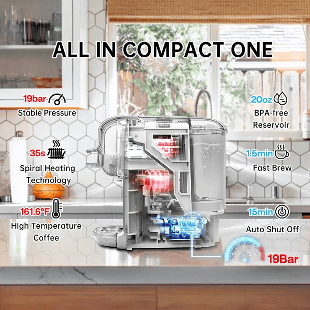 ALL IN COMPACT ONE  
19bar Stable Pressure  
20oz BPA-free Reservoir  
35s Spiral Heating Technology  
1.5min Fast Brew  
161.6°F High Temperature Coffee  
15min Auto Shut Off  
19Bar