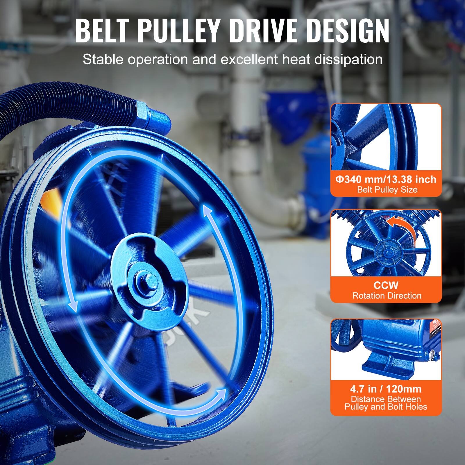BELT PULLEY DRIVE DESIGN  
Stable operation and excellent heat dissipation  

- Belt Pulley Size: Ø340 mm/13.38 inch  
- Rotation Direction: CCW  
- Distance Between Pulley and Bolt Holes: 4.7 in / 120mm