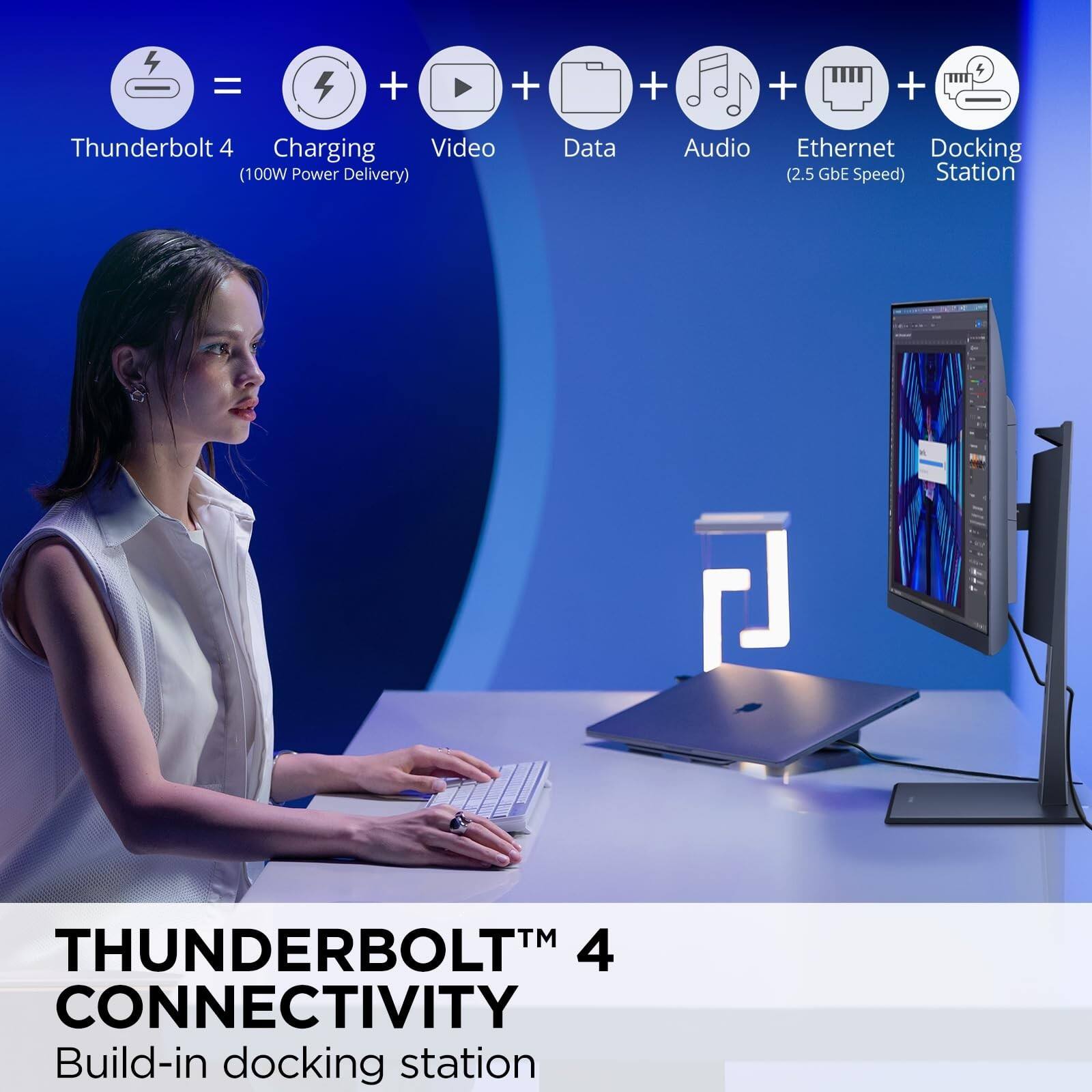 Thunderbolt 4 Charging Video (100W Power Delivery) Data Audio Ethernet Docking (2.5 GbE Speed) Station

THUNDERBOLTTM 4 CONNECTIVITY

Build-in docking station
