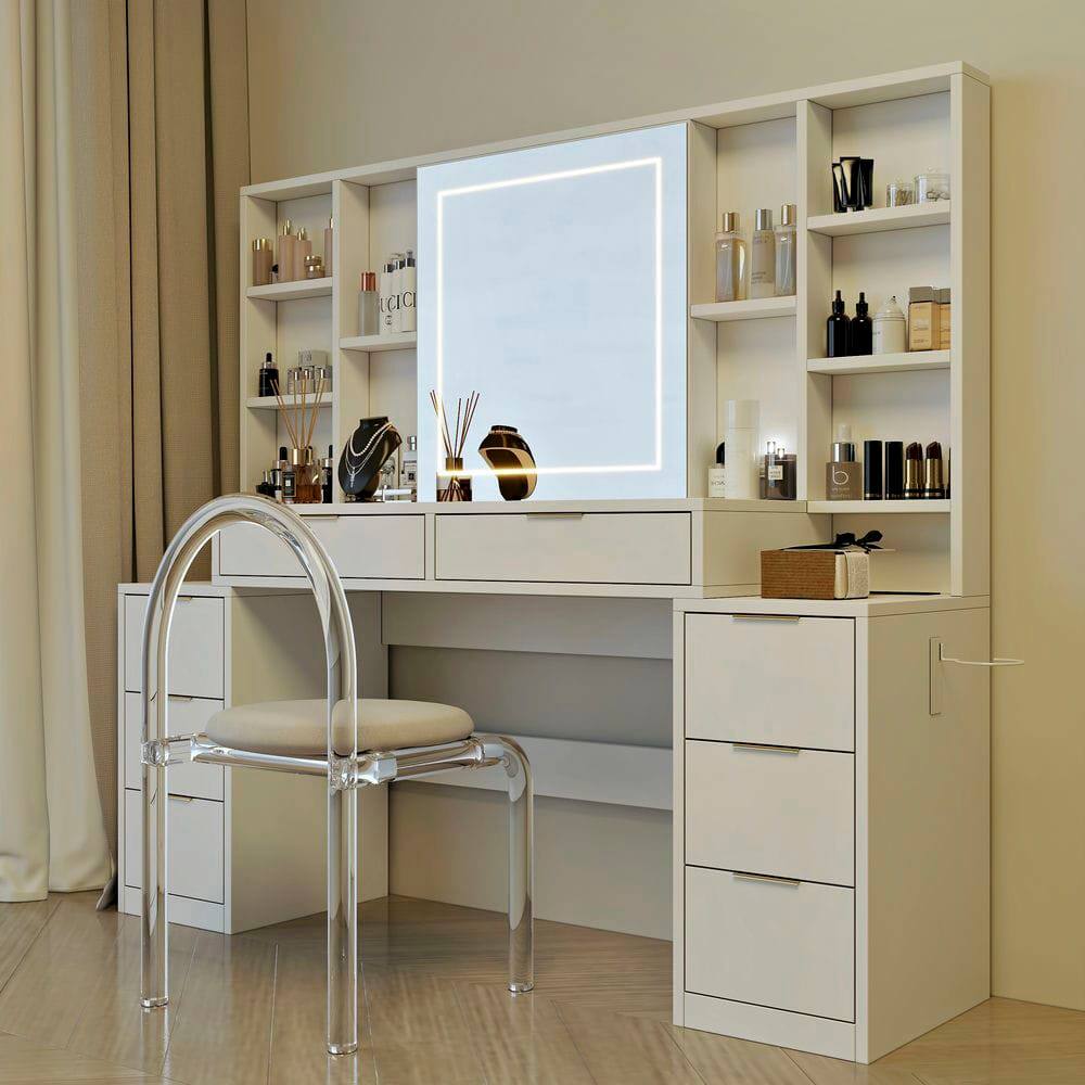 Back. Kadyn - 59-Inch Large Vanity Desk with Mirror, Lights and 8 Drawers - White.
