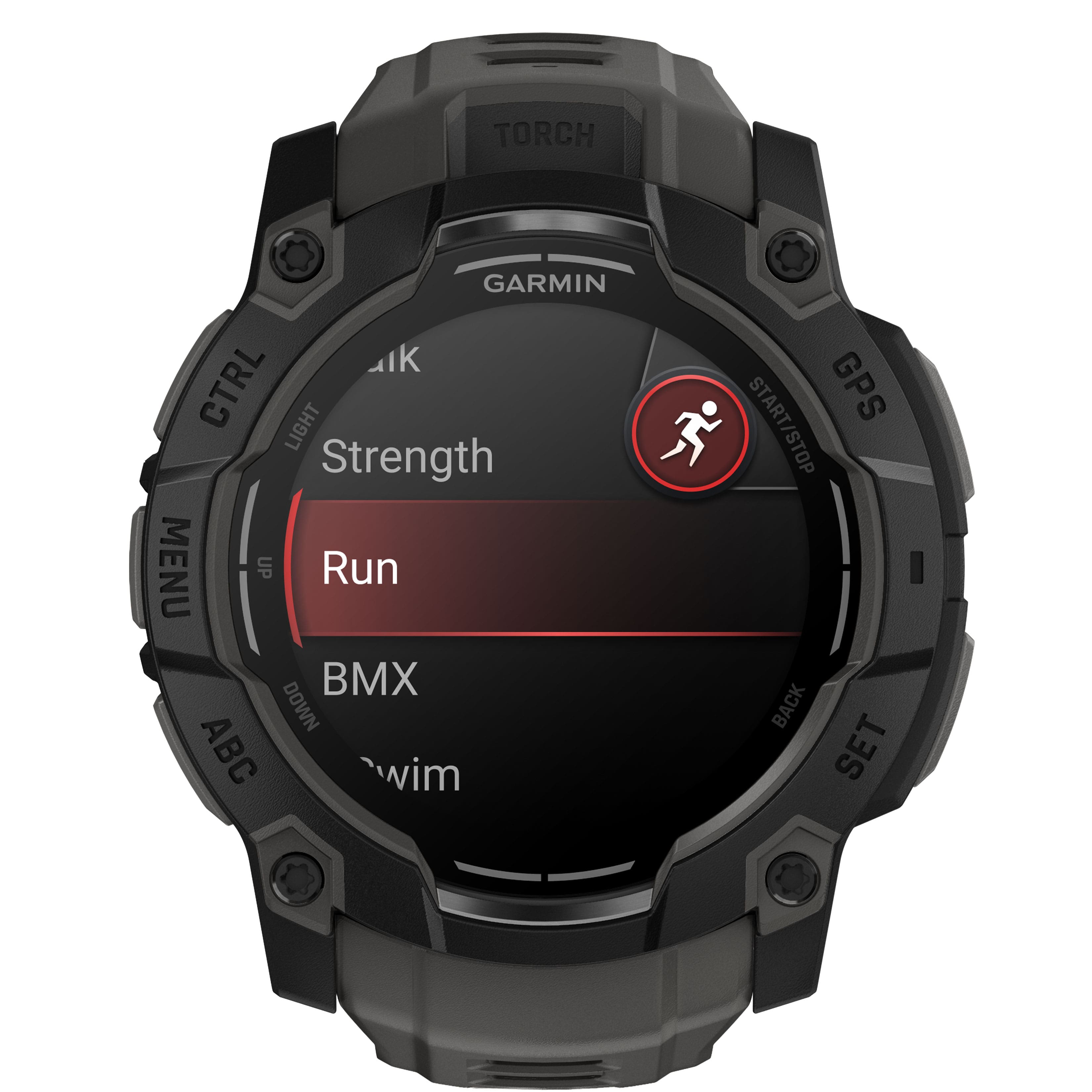 The image features a Garmin watch with a black face and a red button. The watch has a strength setting and a run setting, and it also has a GPS feature. The watch is designed for outdoor activities and is equipped with a Torch feature for nighttime visibility. The watch also has a menu button and a back button for easy navigation.