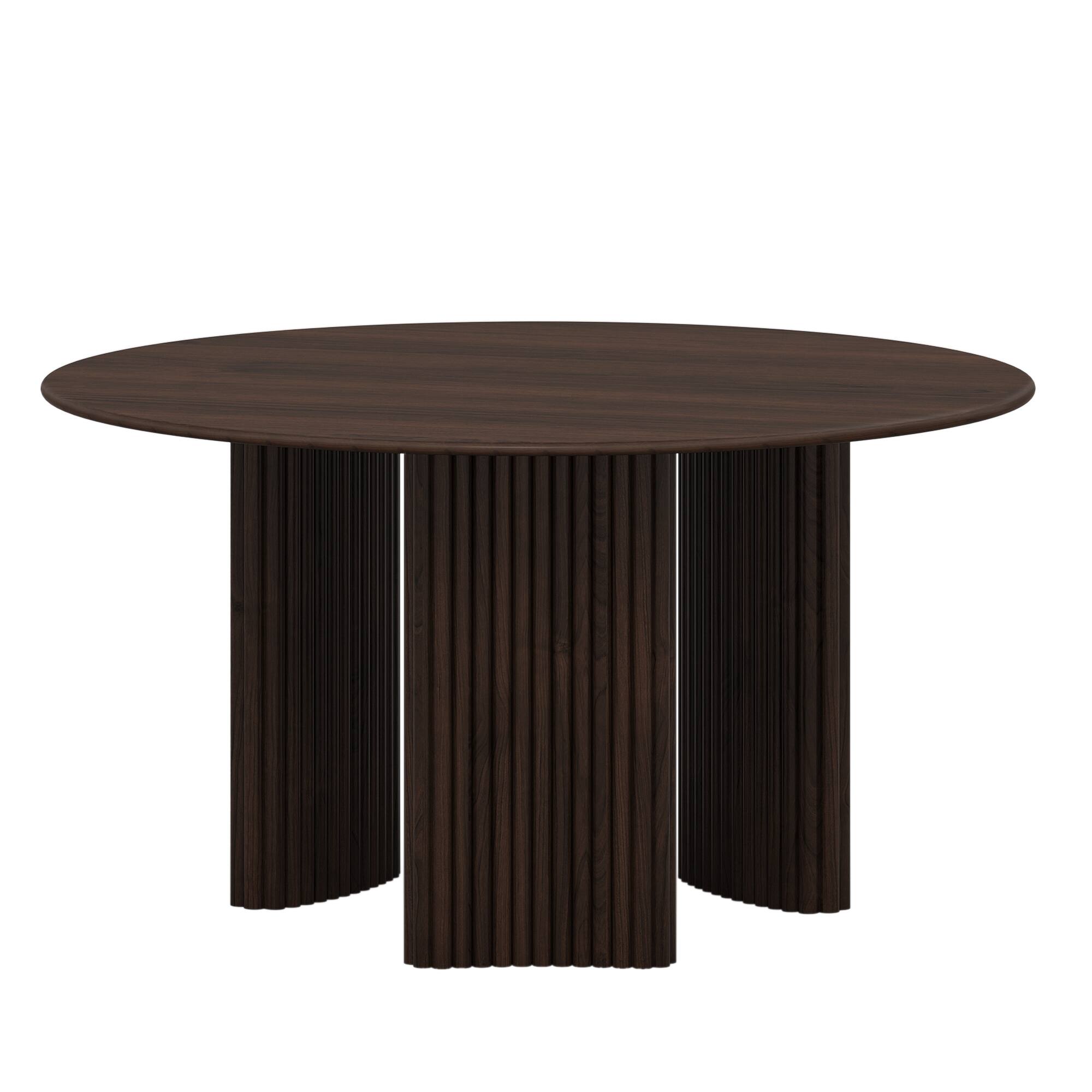 Angle. PexFix - Solid Oak Farmhouse Dining Table for 6, 52" Minimalist Round Kitchen Table with 3-Leg Base - Walnut.