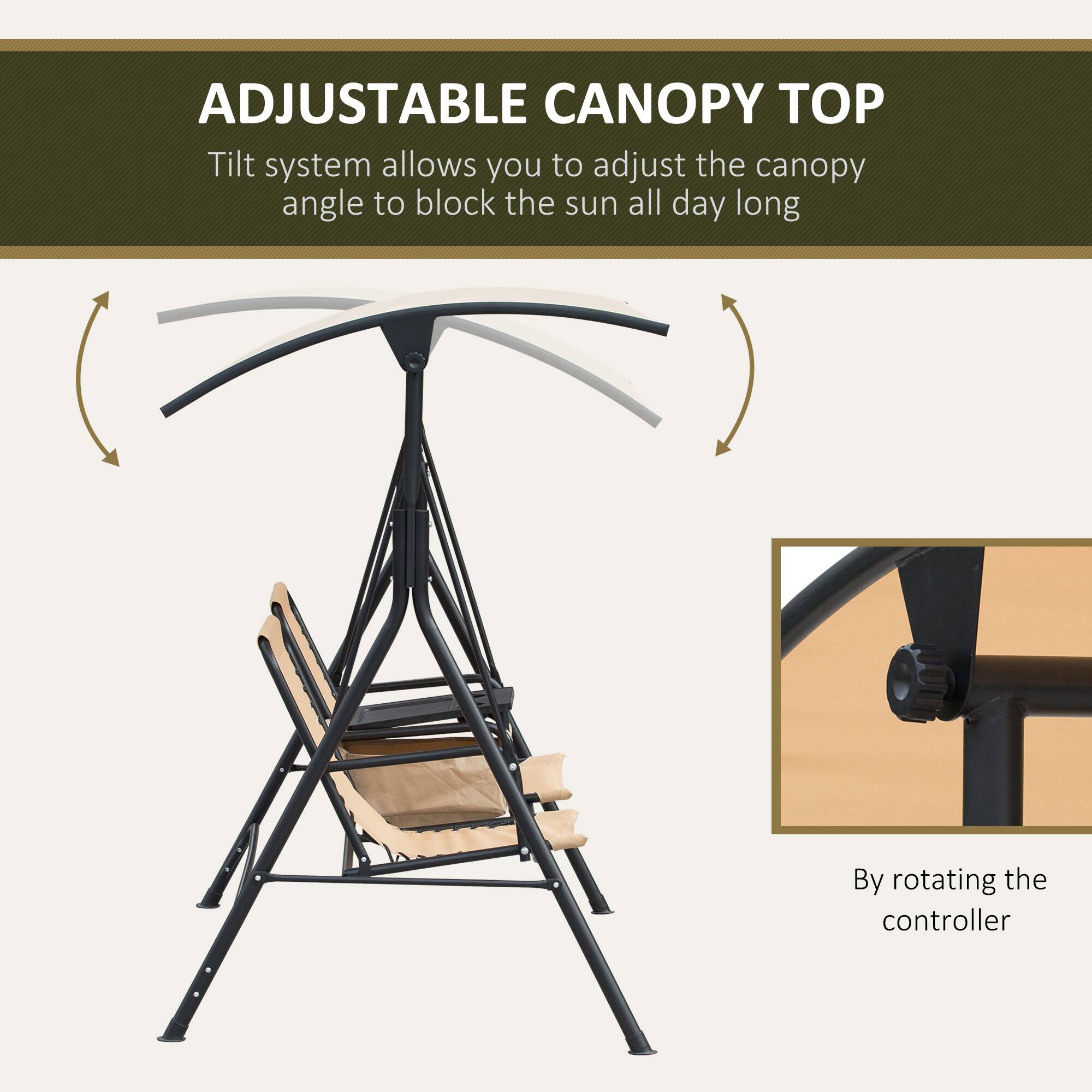 ADJUSTABLE CANOPY TOP
Tilt system allows you to adjust the canopy angle to block the sun all day long
By rotating the controller
