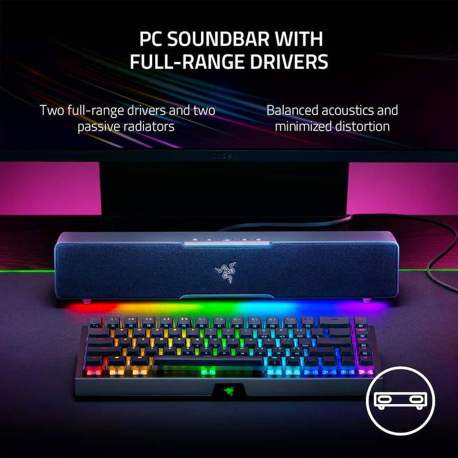 BARRA DE SONIDO PARA PC CON CONTROLADORES DE RANGO COMPLETO: dos controladores de rango completo y dos radiadores pasivos para una acústica equilibrada y una distorsión minimizada.