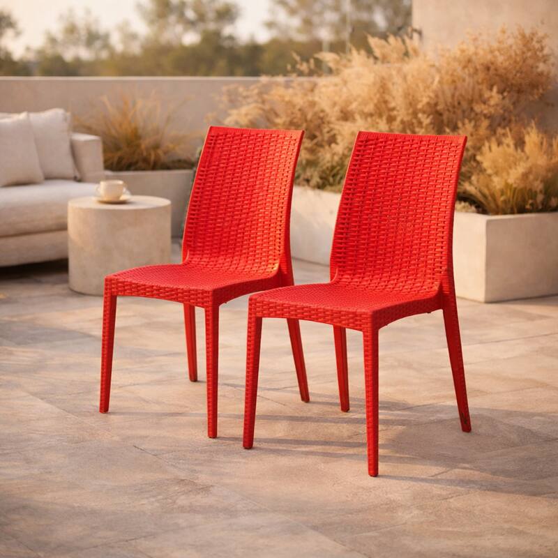 Angle. LeisureMod - Mace 2-Pieces Modern Ergonomic Dining Chair with Stackable and Wicker Style - Red.