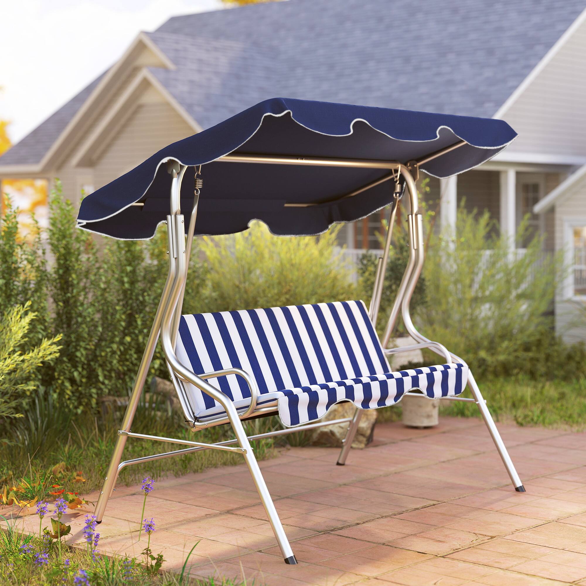 Alt View 4. Outsunny - Outsunny 3-Person Porch Swing with Canopy, Patio Swing Chair, Outdoor Canopy Swing Bench - Blue.