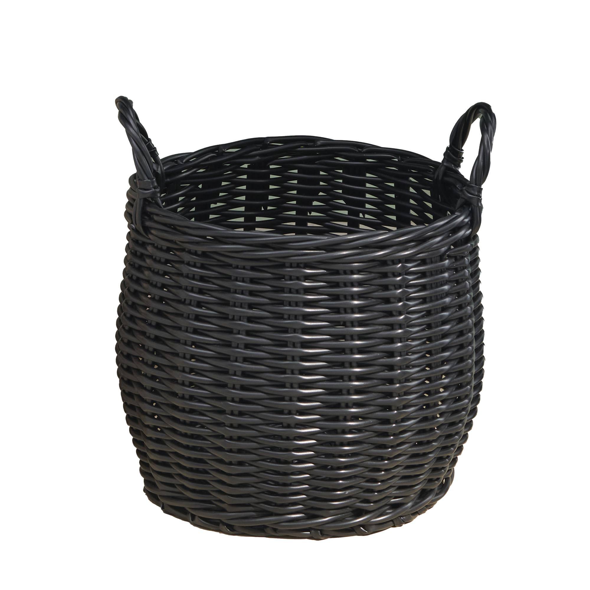 Front. Boyel Living - Matte Black Round Resin Woven Storage Basket with Handles 13-in L x 13-in W x 10.2-in H for Home Organization - Matte Black.