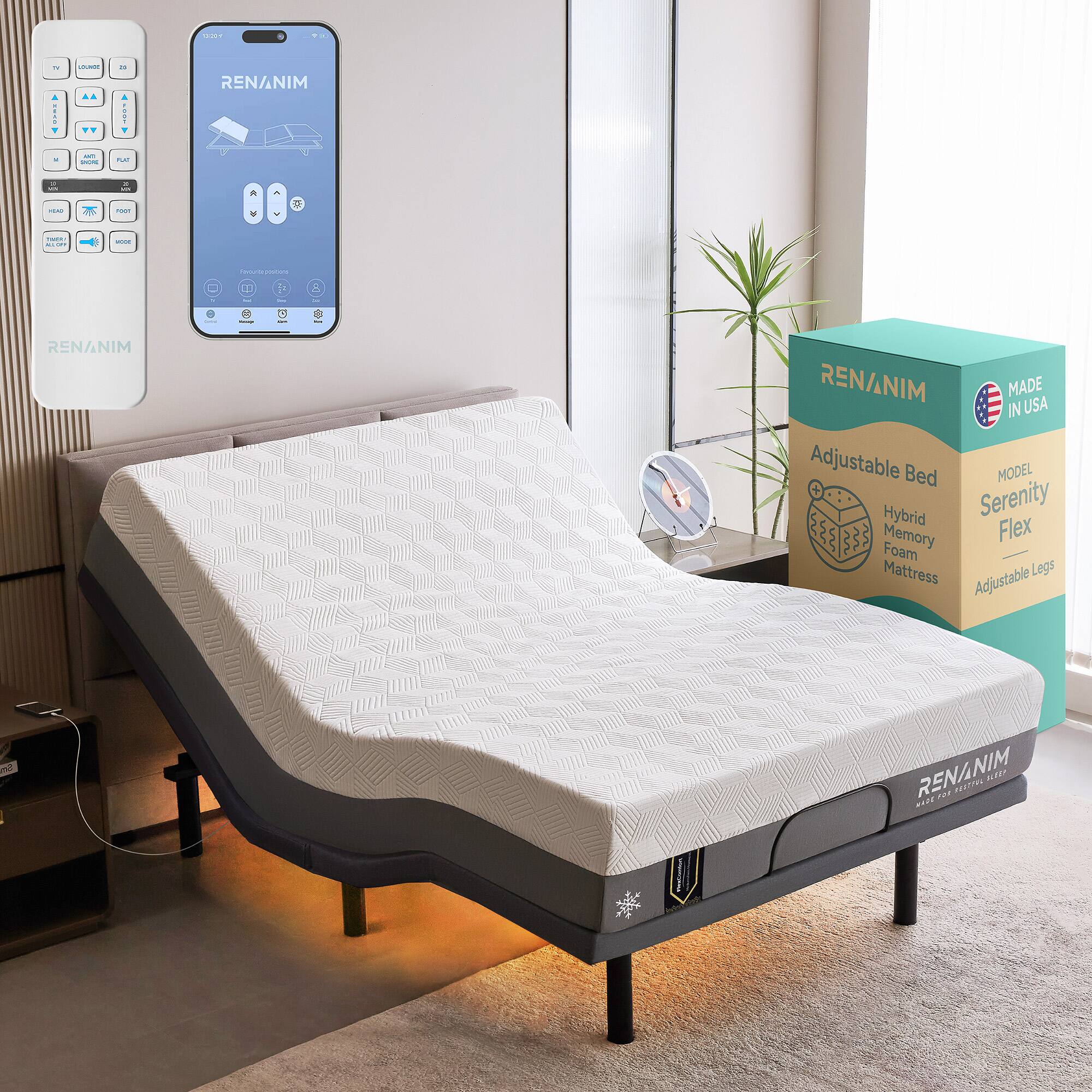 Renanim - SF Full Adjustable Bed with Mattress - 12" Cooling Gel Hybrid Mattress, Massage, Zero Gravity Electric Bed - Gray