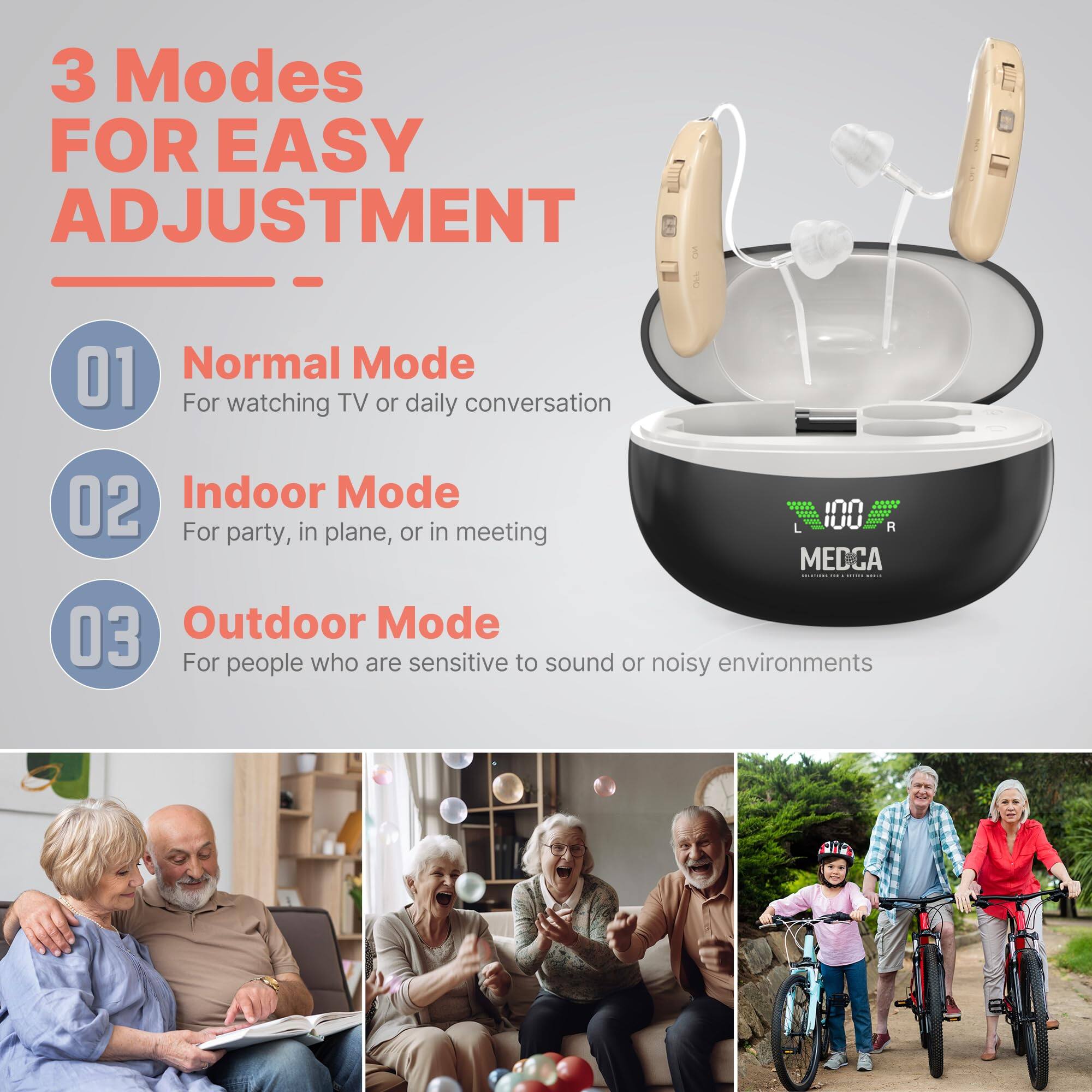 3 Modes FOR EASY ADJUSTMENT

01 Normal Mode  
For watching TV or daily conversation

02 Indoor Mode  
For party, in plane, or in meeting

03 Outdoor Mode  
For people who are sensitive to sound or noisy environments