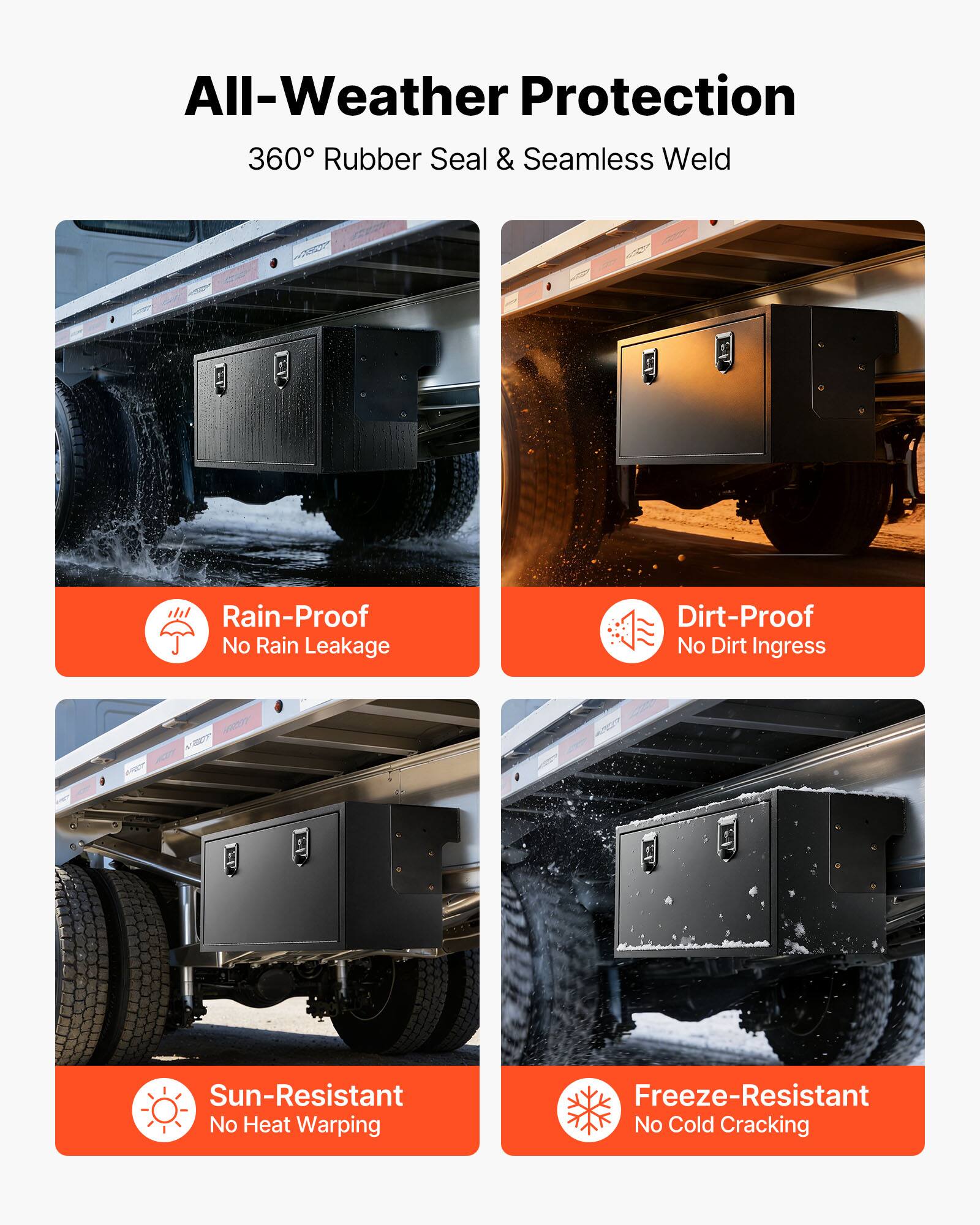 All-Weather Protection  
360° Rubber Seal & Seamless Weld  

- Rain-Proof  
  No Rain Leakage  

- Dirt-Proof  
  No Dirt Ingress  

- Sun-Resistant  
  No Heat Warping  

- Freeze-Resistant  
  No Cold Cracking