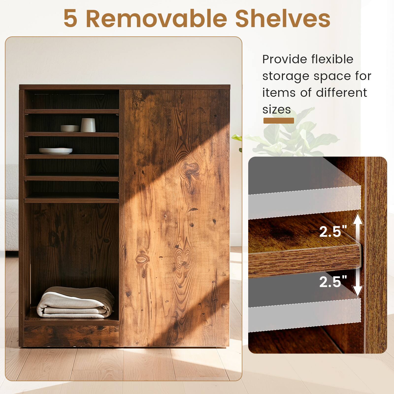 5 Removable Shelves  
Provide flexible storage space for items of different sizes  
2.5"  
2.5"