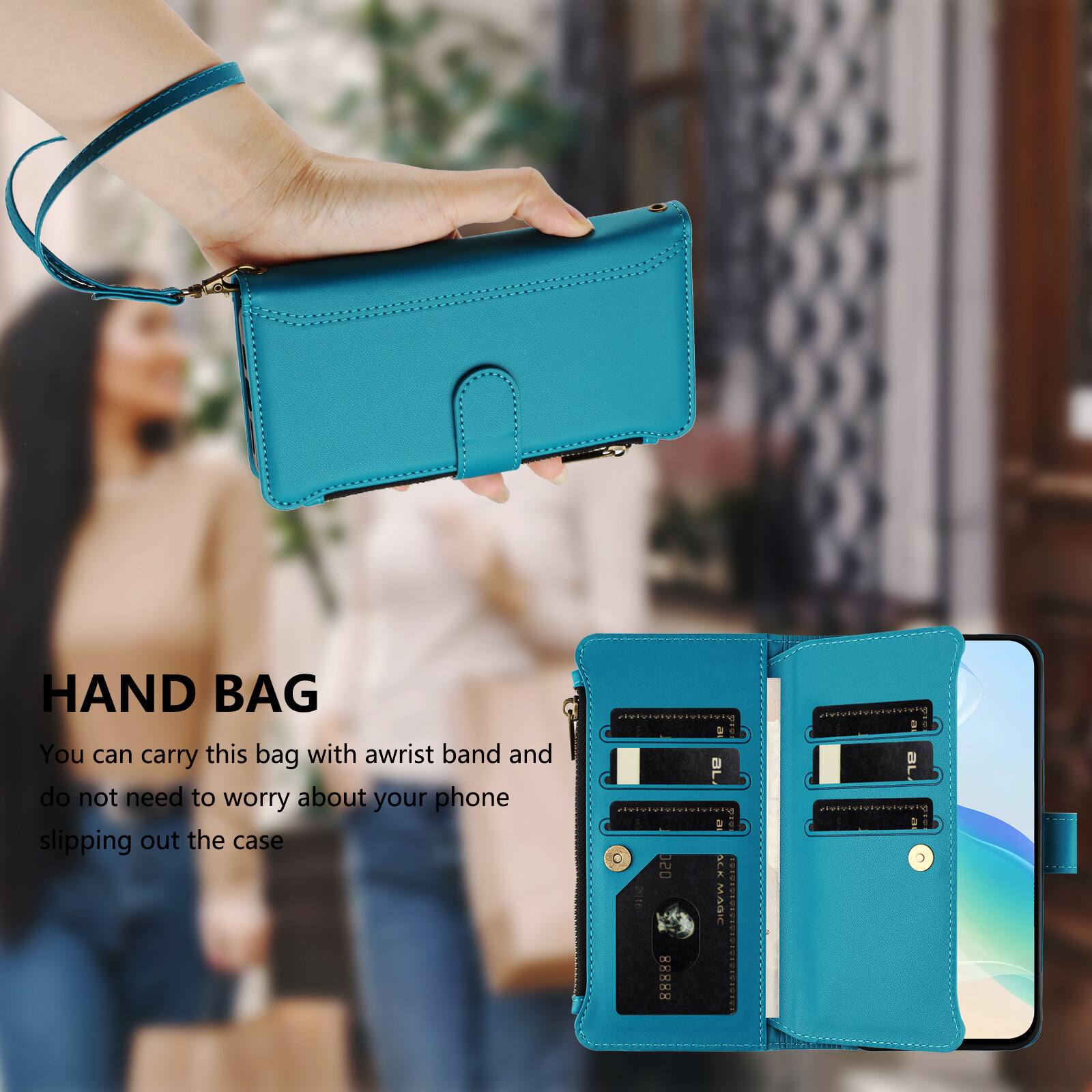 HAND BAG  
You can carry this bag with a wrist band and do not need to worry about your phone slipping out the case  

OSC 00 88888  
MAGIC