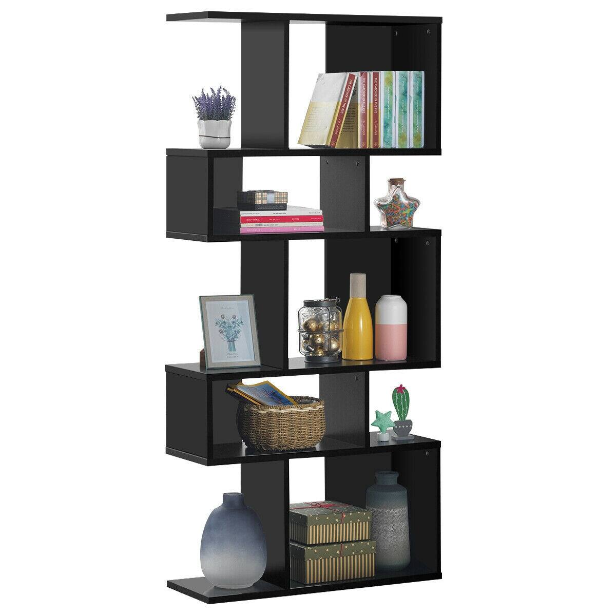 Front. Ecooso - 5-Tier Geometric Wood Bookshelf with S-Shaped Open Storage Display Design - Black.
