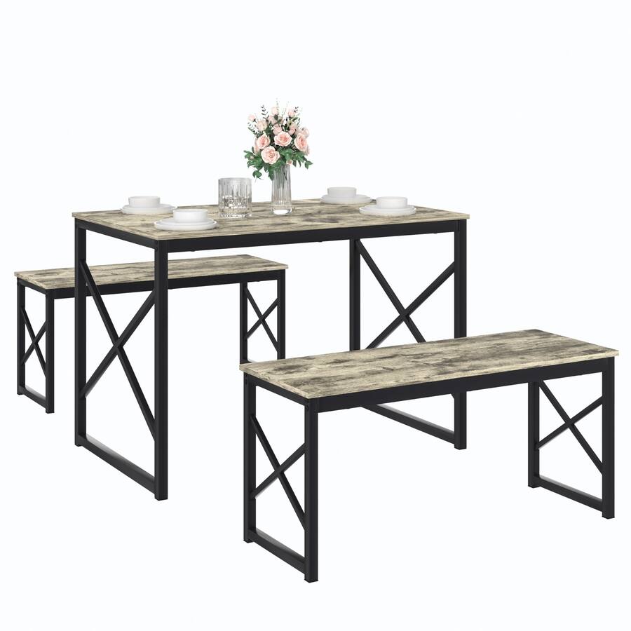 VECELO 3-Piece Folding Dining Set For 4 - Black Faux Rattan Table & 2 Benches, No Assembly, Indoor/Outdoor