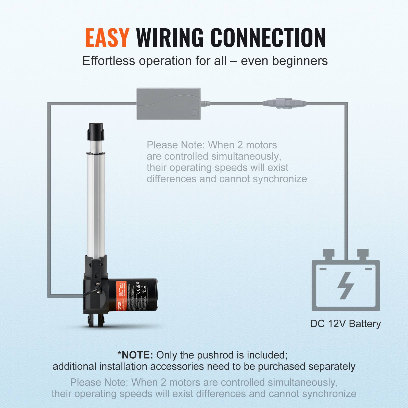 EASY WIRING CONNECTION  
Effortless operation for all - even beginners  

Please Note: When 2 motors are controlled simultaneously, their operating speeds will exist differences and cannot synchronize  

WOR 4 DC 12V Battery  

*NOTE: Only the pushrod is included; additional installation accessories need to be purchased separately  

Please Note: When 2 motors are controlled simultaneously, their operating speeds will exist differences and cannot synchronize