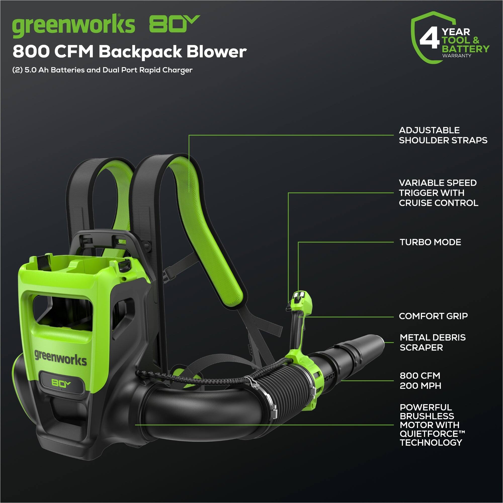 greenworks BOY 800 CFM Backpack Blower (2) 5.0 Ah Batteries and Dual Port Rapid Charger  
YEAR 4 TOOL & BATTERY WARRANTY  
ADJUSTABLE SHOULDER STRAPS  
VARIABLE SPEED TRIGGER WITH CRUISE CONTROL  
TURBO MODE  
COMFORT GRIP  
greenworks BOY METAL DEBRIS SCRAPER  
800 CFM 200 MPH  
POWERFUL BRUSHLESS MOTOR WITH QUIETFORCE™ TECHNOLOGY