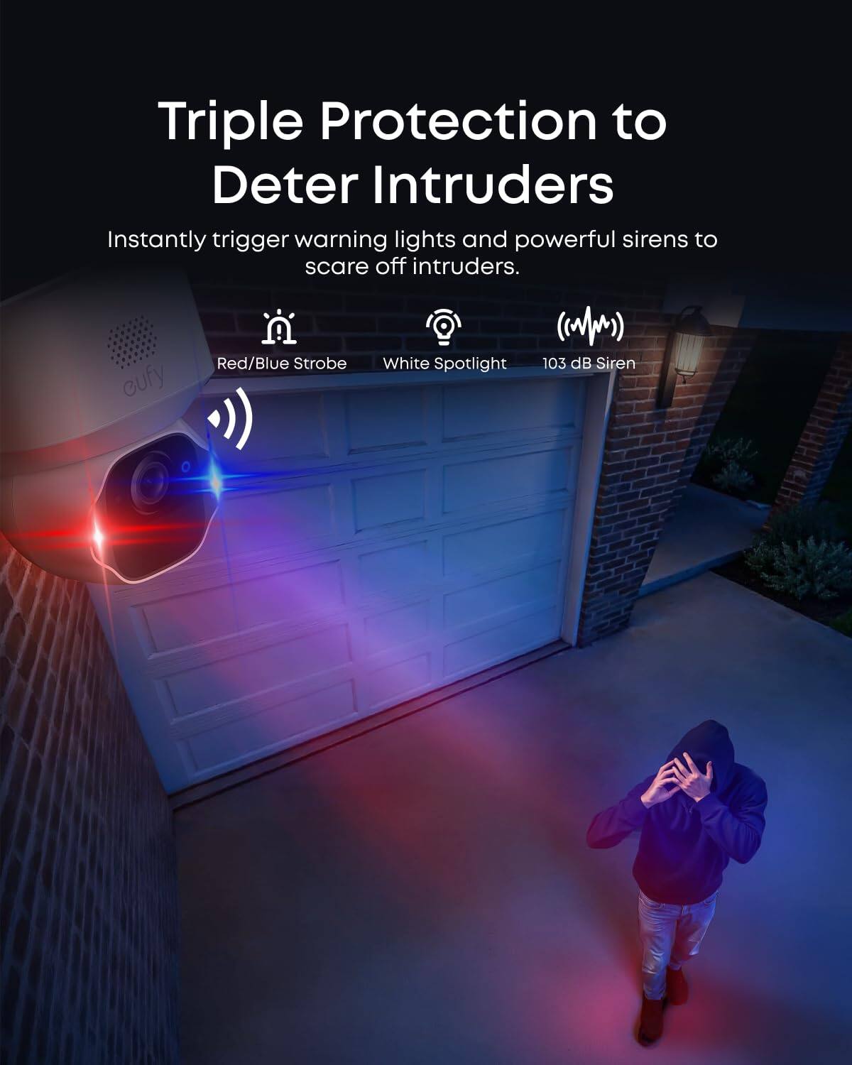 Triple Protection to Deter Intruders

Instantly trigger warning lights and powerful sirens to scare off intruders.

- Red/Blue Strobe
- White Spotlight
- 103 dB Siren