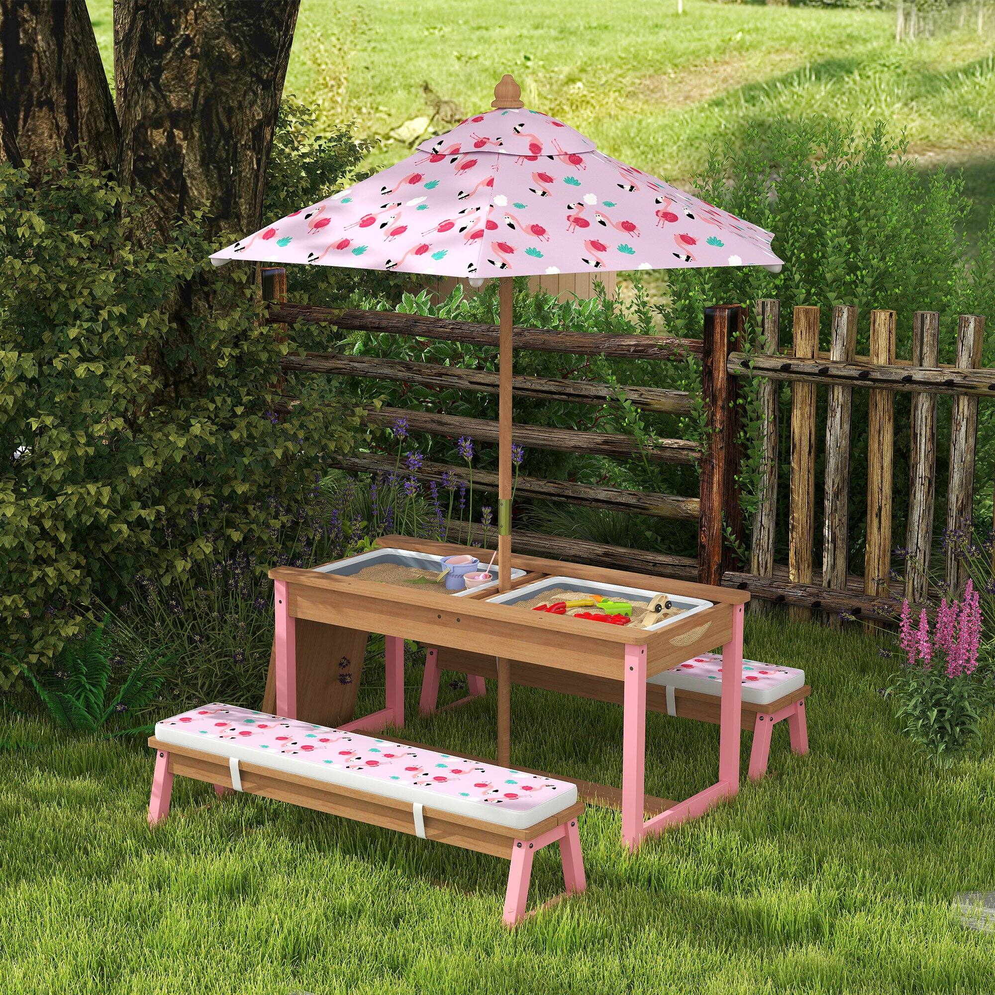 Alt View 1. Qaba - Picnic Table Set with Foldable Umbrella, Removable Cushions & Boxes - Pink.