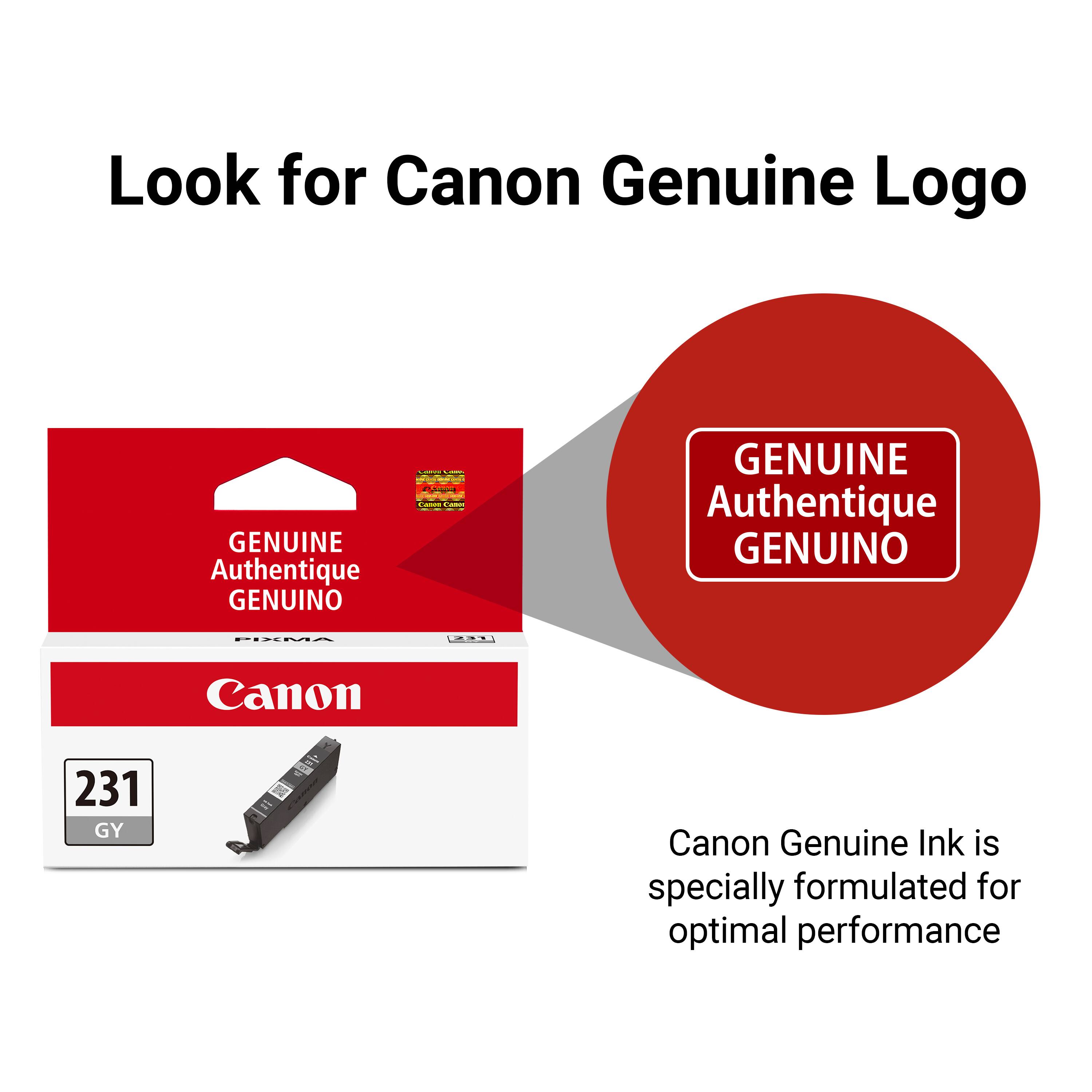 Look for Canon Genuine Logo

GENUINE Authentique GENUINO

Canon Canor
GENUINE Authentique GENUINO
FIXMA
231
Canon
231 GY

Canon Genuine Ink is specially formulated for optimal performance