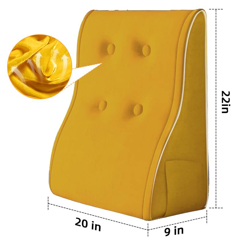 Left. wowmax - Velvet Reading Chair Pillow - Yellow - Back Support w/Side Pocket (20x9x22in) - Yellow.