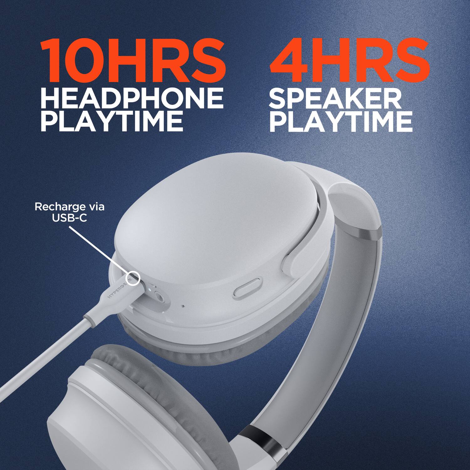10HRS HEADPHONE PLAYTIME  
4HRS SPEAKER PLAYTIME  
Recharge via USB-C