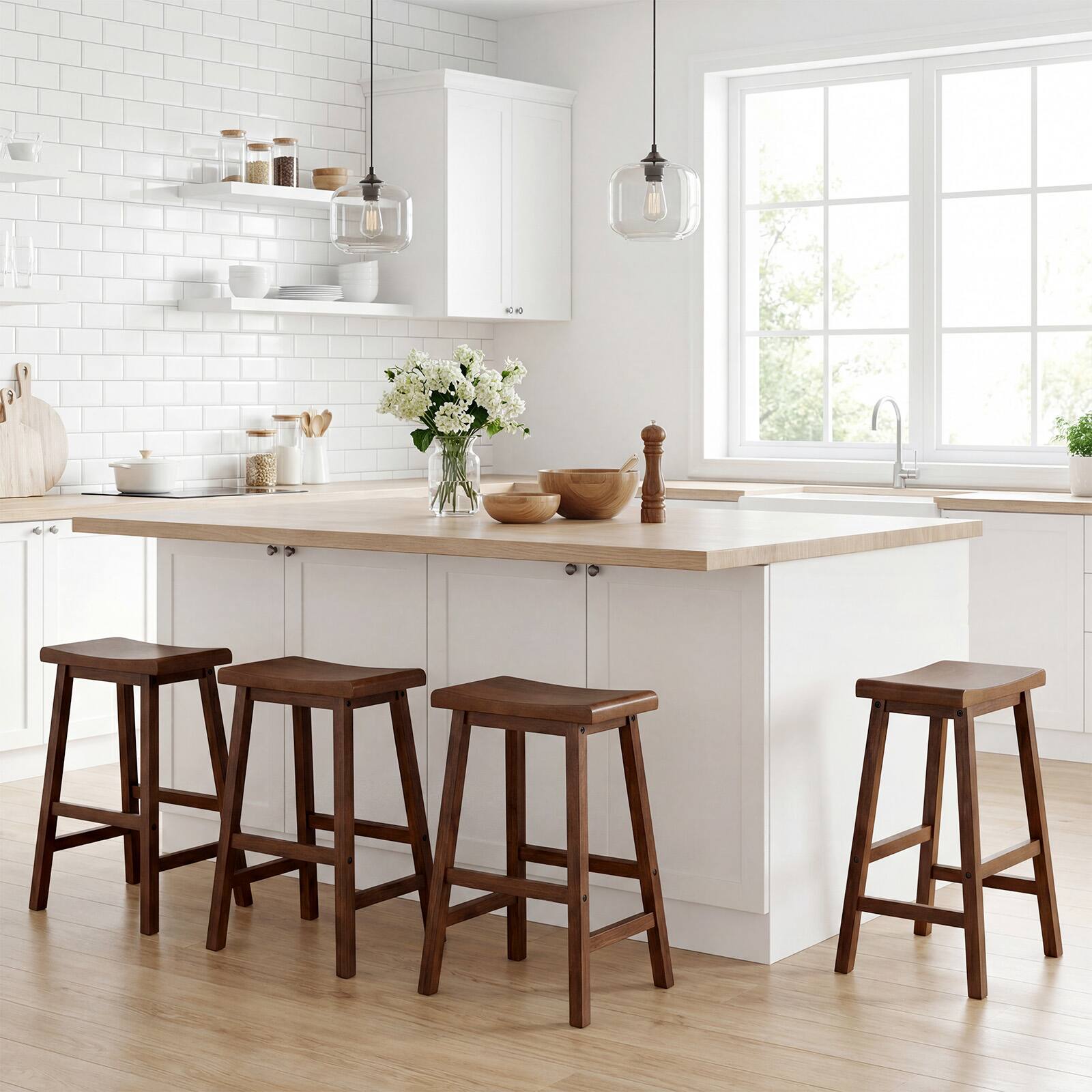 Alt View 3. Gymax - Gymax Solid Wood Saddle Bar Stools Set of 4 Backless Wooden Barstools w/Footrests Brown - Brown.