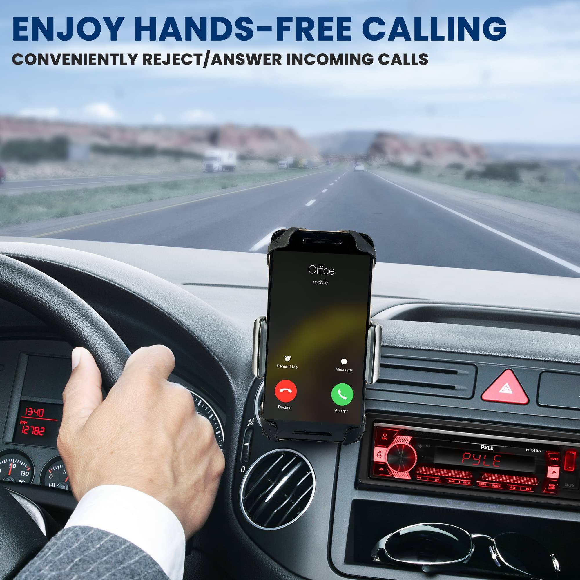 ENJOY HANDS-FREE CALLING  
CONVENIENTLY REJECT/ANSWER INCOMING CALLS  

Office mobile  
Remond M  
Message | 1340 - 12 782 10 130  

Declining  
Accept  

PYLE  
PYLE