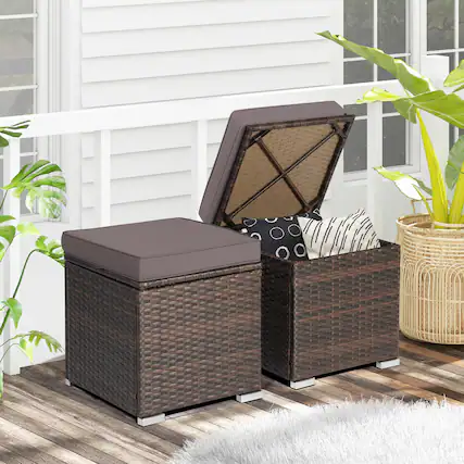 Front. Gymax - Gymax 2PCS Outdoor Patio Ottomans Hand-Woven PE Wicker Footstools w/ Removable Cushions Grey - Grey.