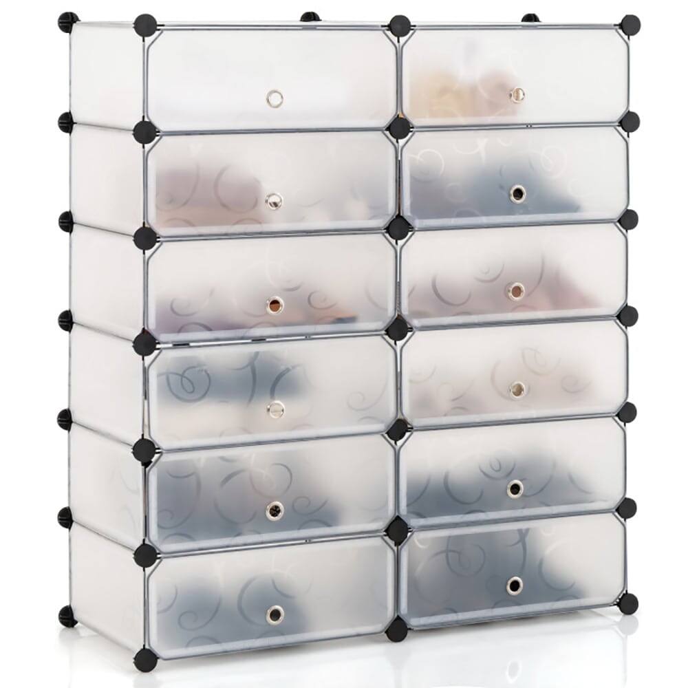Back. Pefilos - 12-Cube DIY Portable Plastic Shoe Rack with Transparent Doors-White, Shoe Storage Organizer for Entryway & Closet - White.