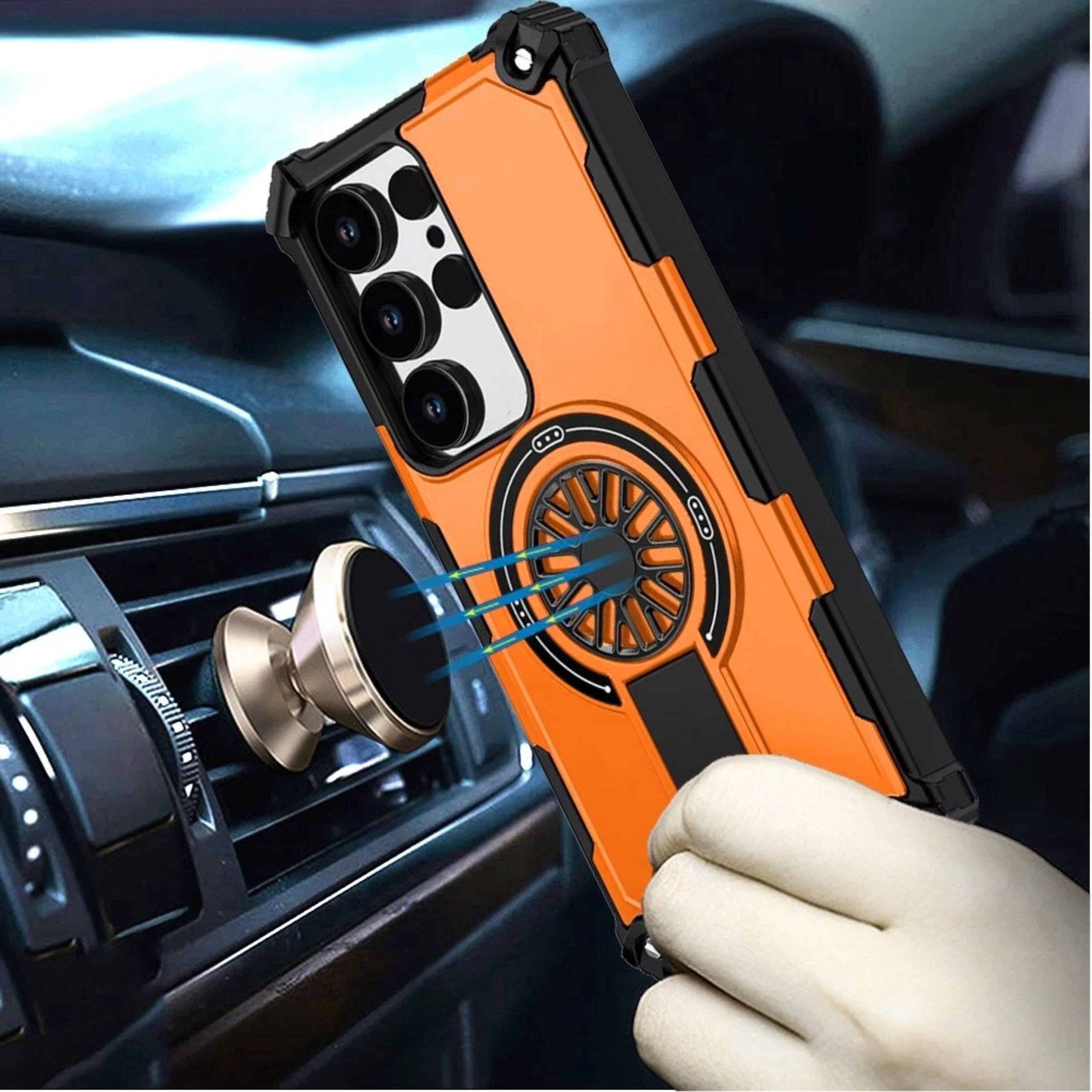 Left. Kitcheniva - Rugged Magnetic Circle Pop-Out Stand Phone Case With Tempered Glass For Samsung Galaxy S25 Ultra - Cosmic Orange.