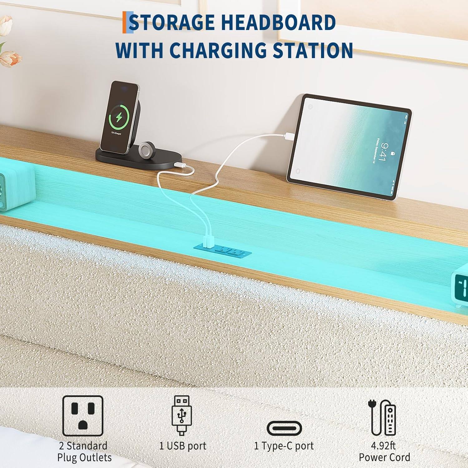 STORAGE HEADBOARD WITH CHARGING STATION

- 2 Standard Plug Outlets
- 1 USB port
- 1 Type-C port
- 4.92ft Power Cord