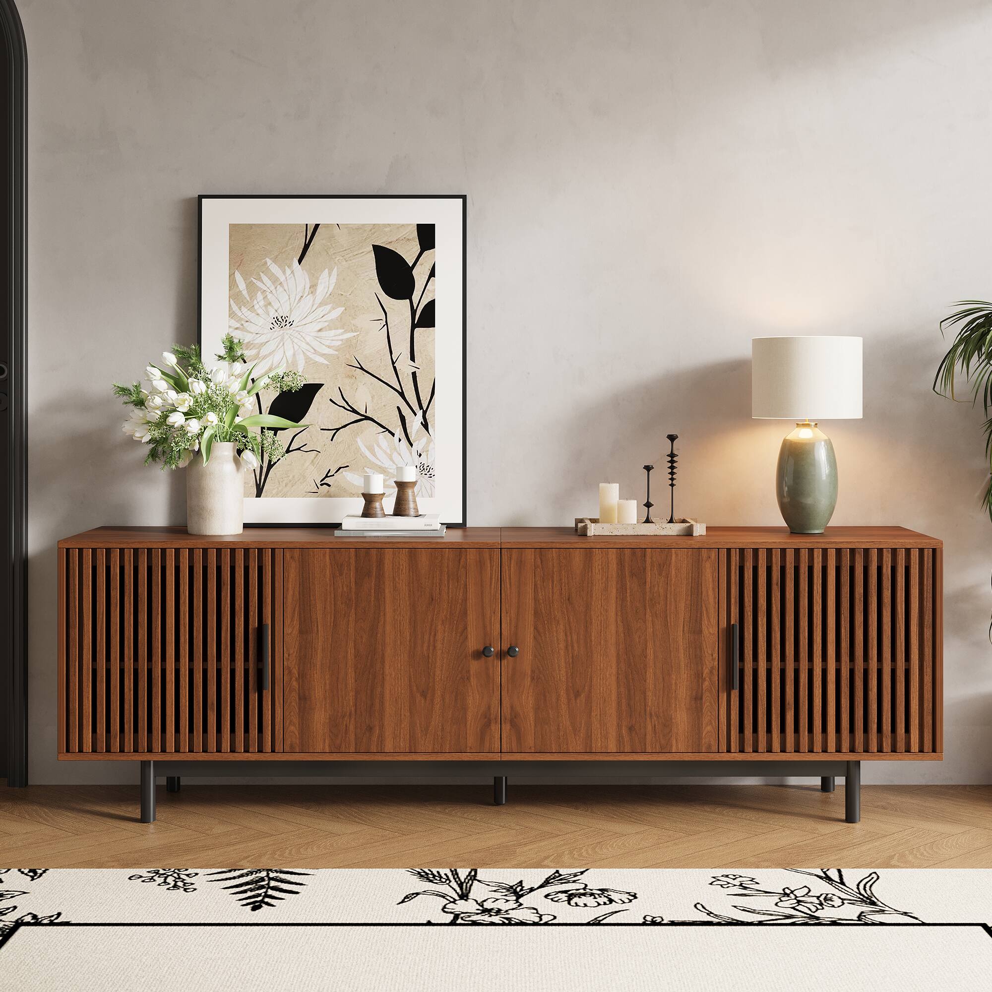 Left. MERAVOM - Mid-Century Modern TV Stand for TVs Up to 85", Entertainment Center with 4 Doors, Adjustable Shelves for Living Room - Walnut.